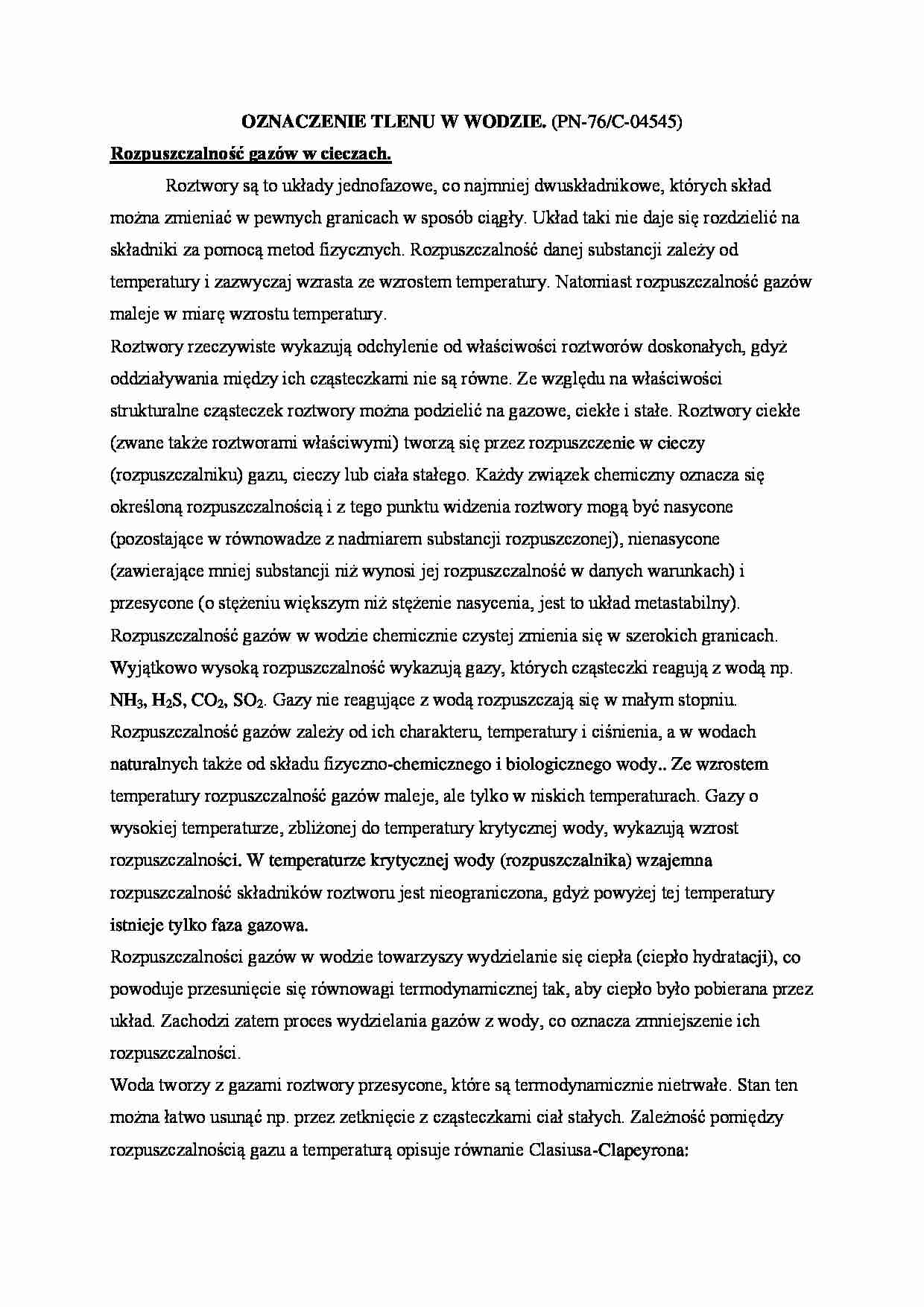 Oznaczenie tlenu w wodzie-opracowanie - strona 1
