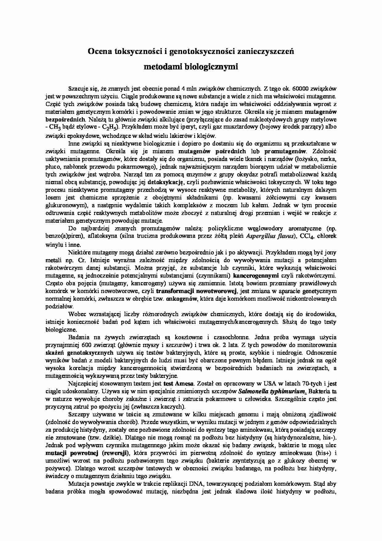 Ocena toksyczności i genotoksyczności zanieczyszczeń - wykład - strona 1