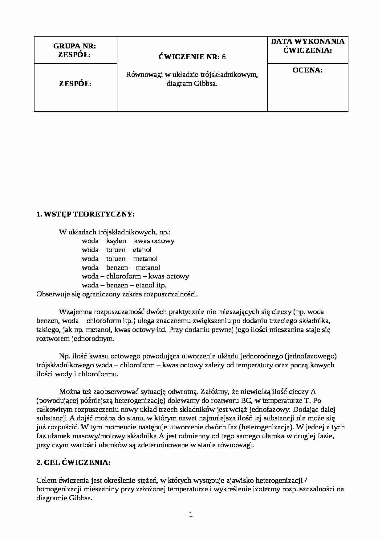 Równowagi w układzie trójskładnikowym, diagram gibbsa - wykład - strona 1