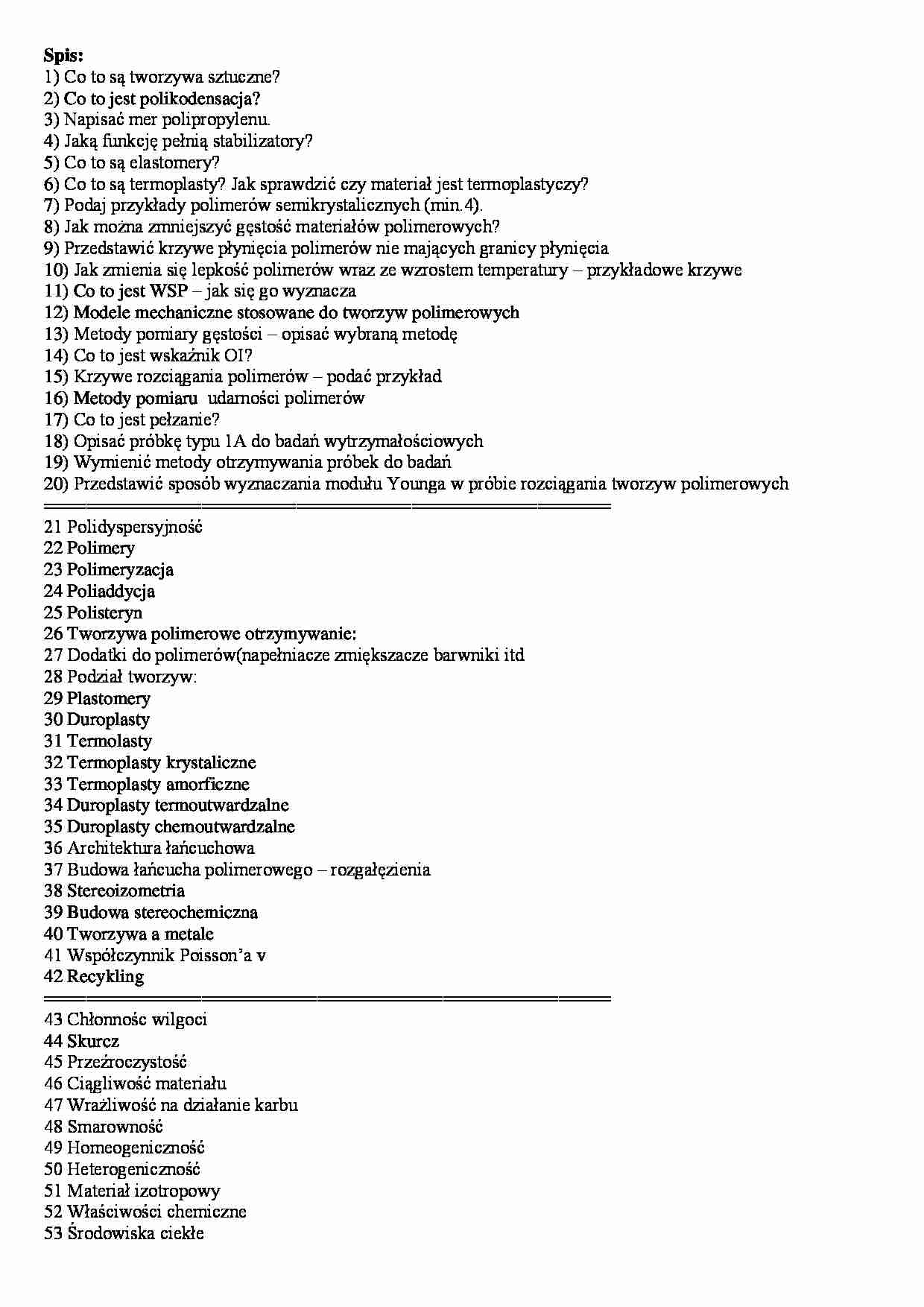 Pytania i odpowiedzi na kolokwium - Tworzywa sztuczne - strona 1