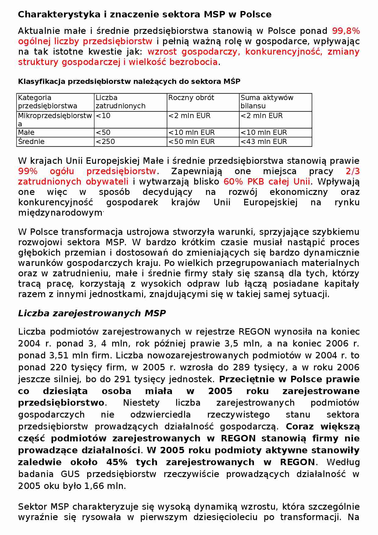 Charakterystyka i znaczenie sektora MSP w Polsce-referat na ćwiczenia. - strona 1