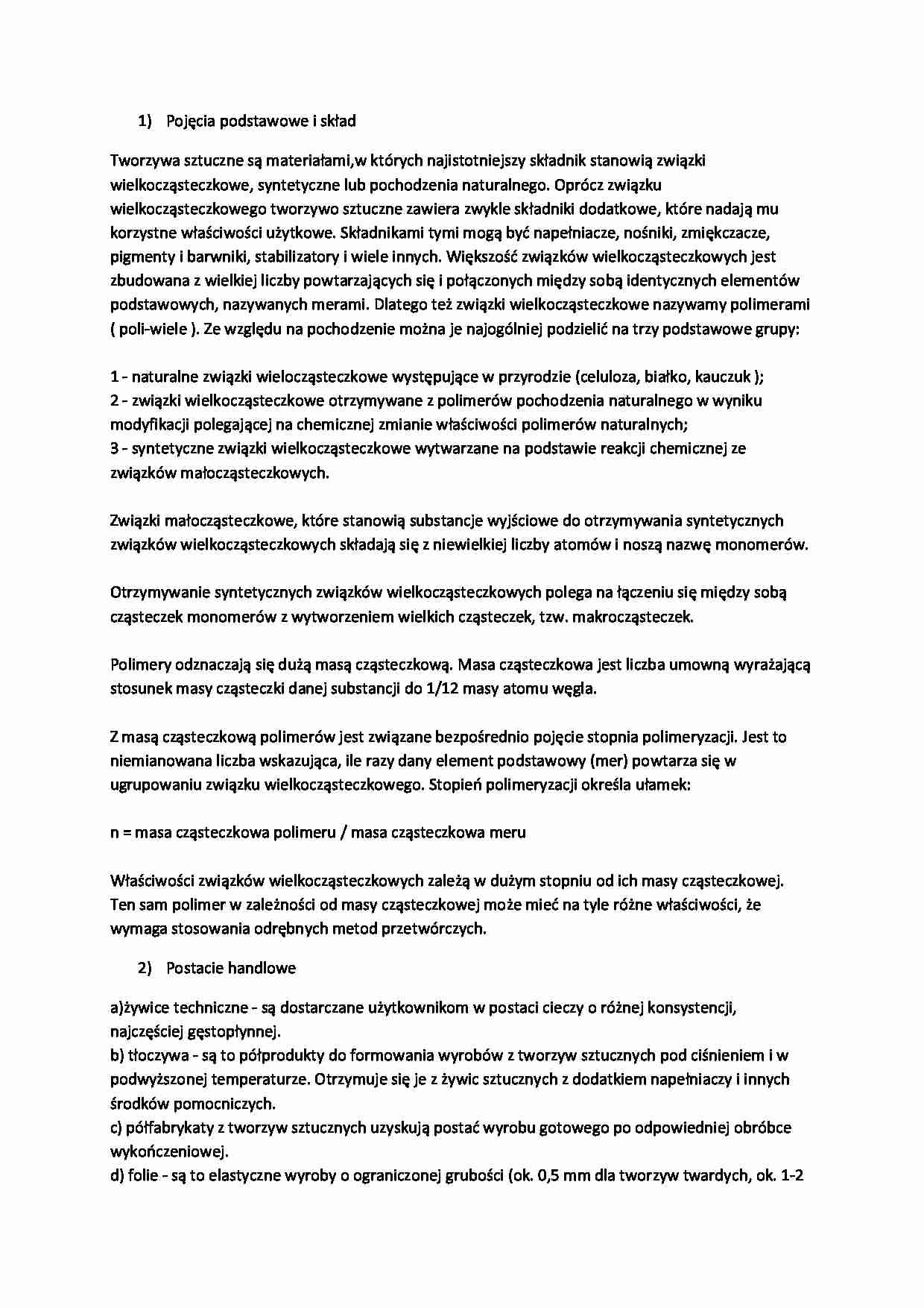Skład i klasyfikacja tworzyw sztucznych-opracowanie - strona 1