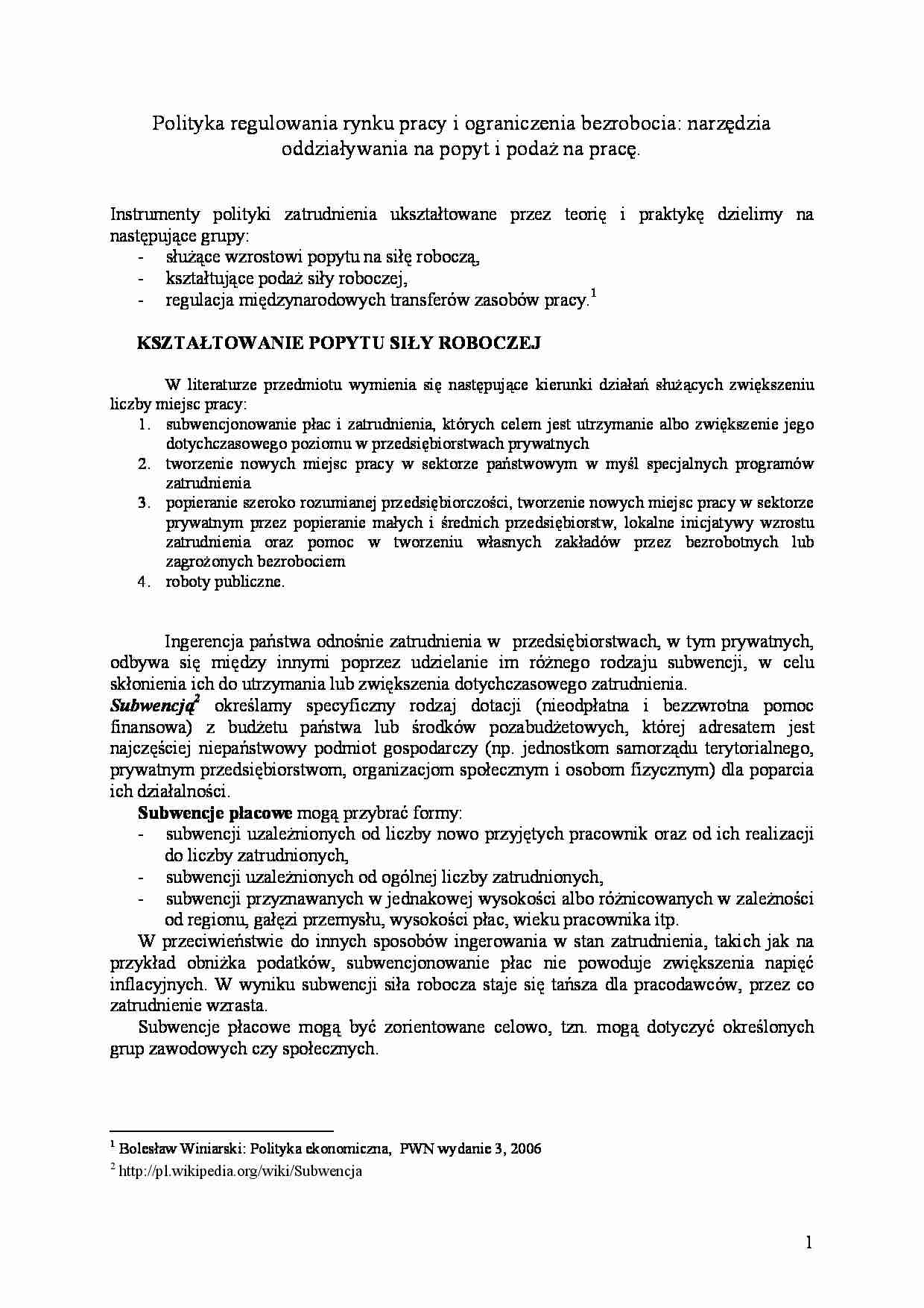 Polityka regulowania rynku pracy i ograniczenia bezrobocia: narzedzia oddziaływania na popyt i podaż na prace-informacje na ćwiczenia - strona 1
