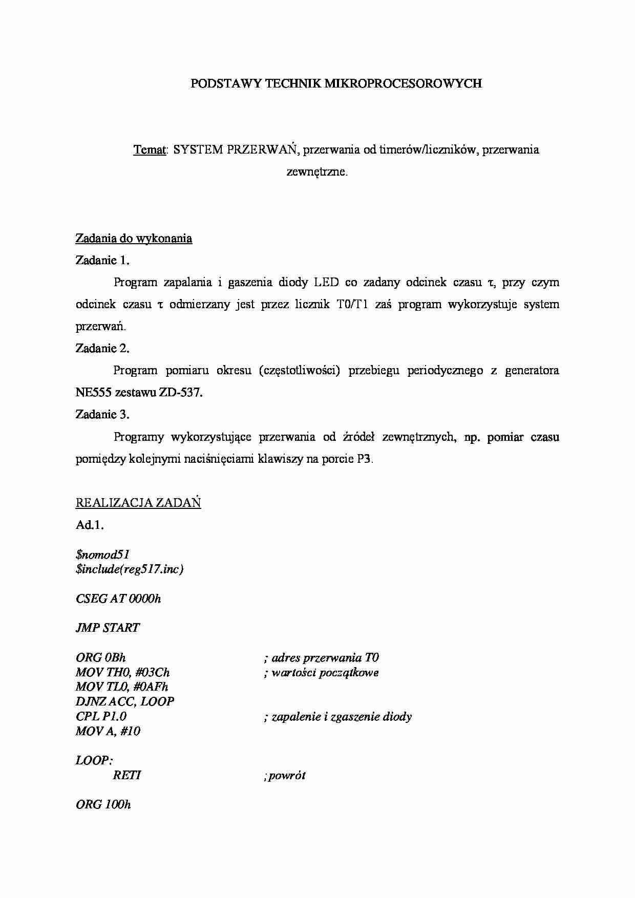 Systemy przerwań, przerwania od timerów-liczników, przerwania zewnętrzne-zadania - strona 1