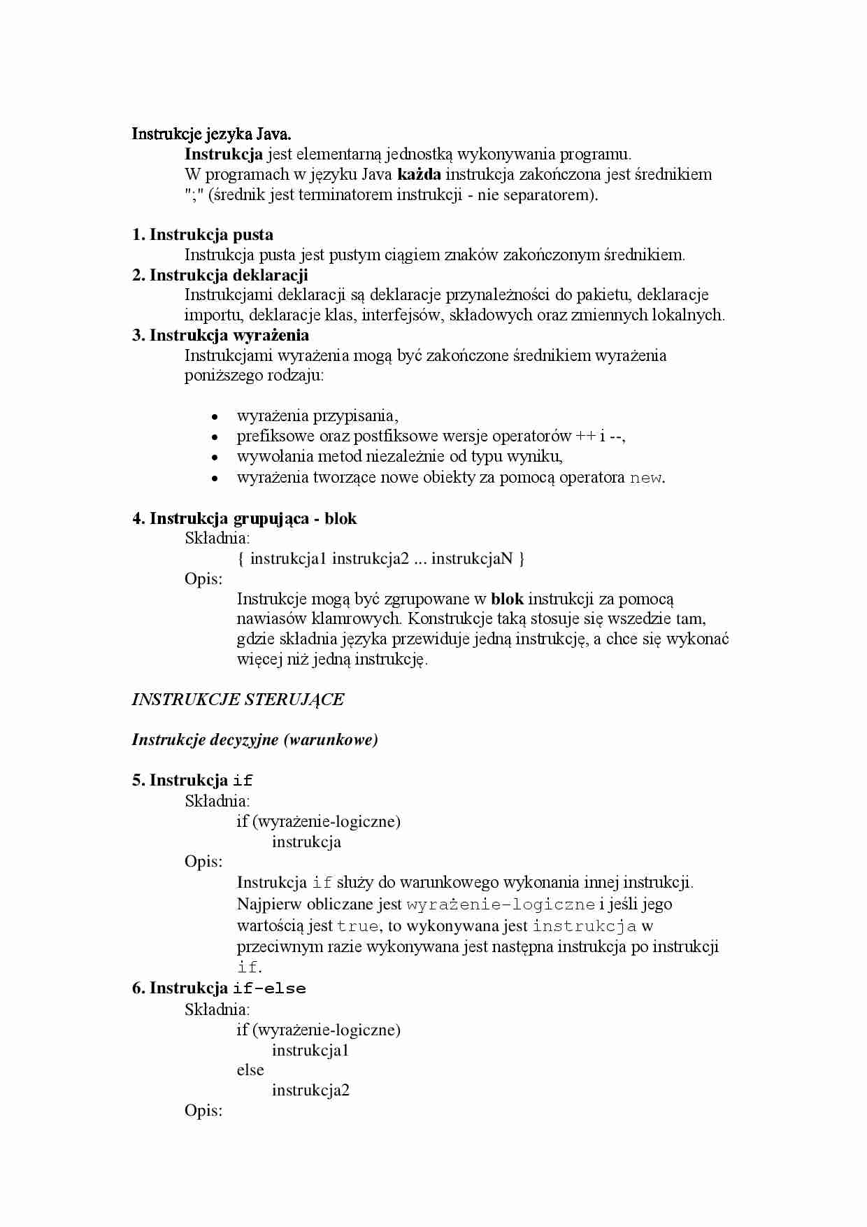 Instrukcje języka Java-opracowanie - strona 1