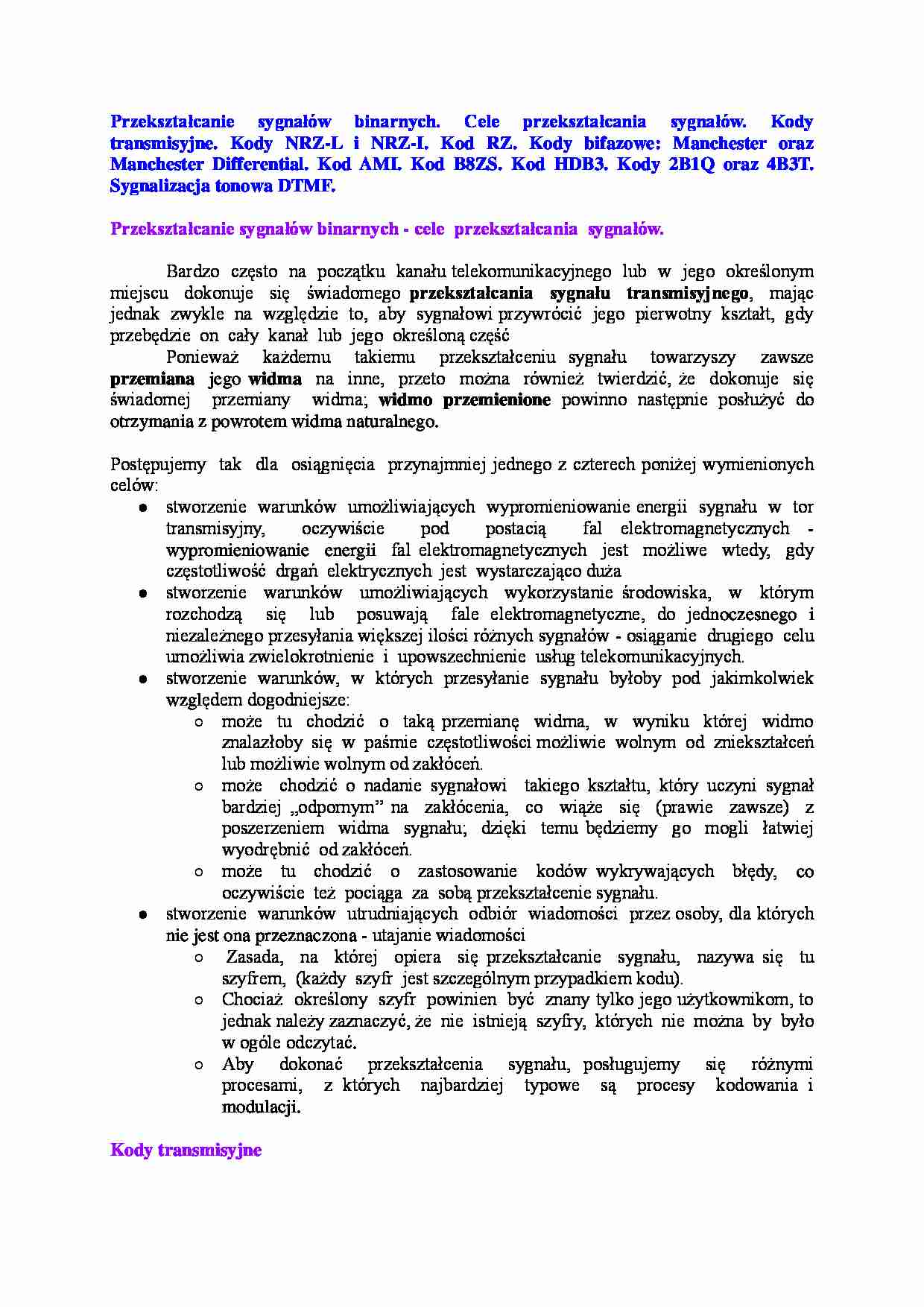 Przekształcanie sygnałów binarnych-opracowanie - strona 1