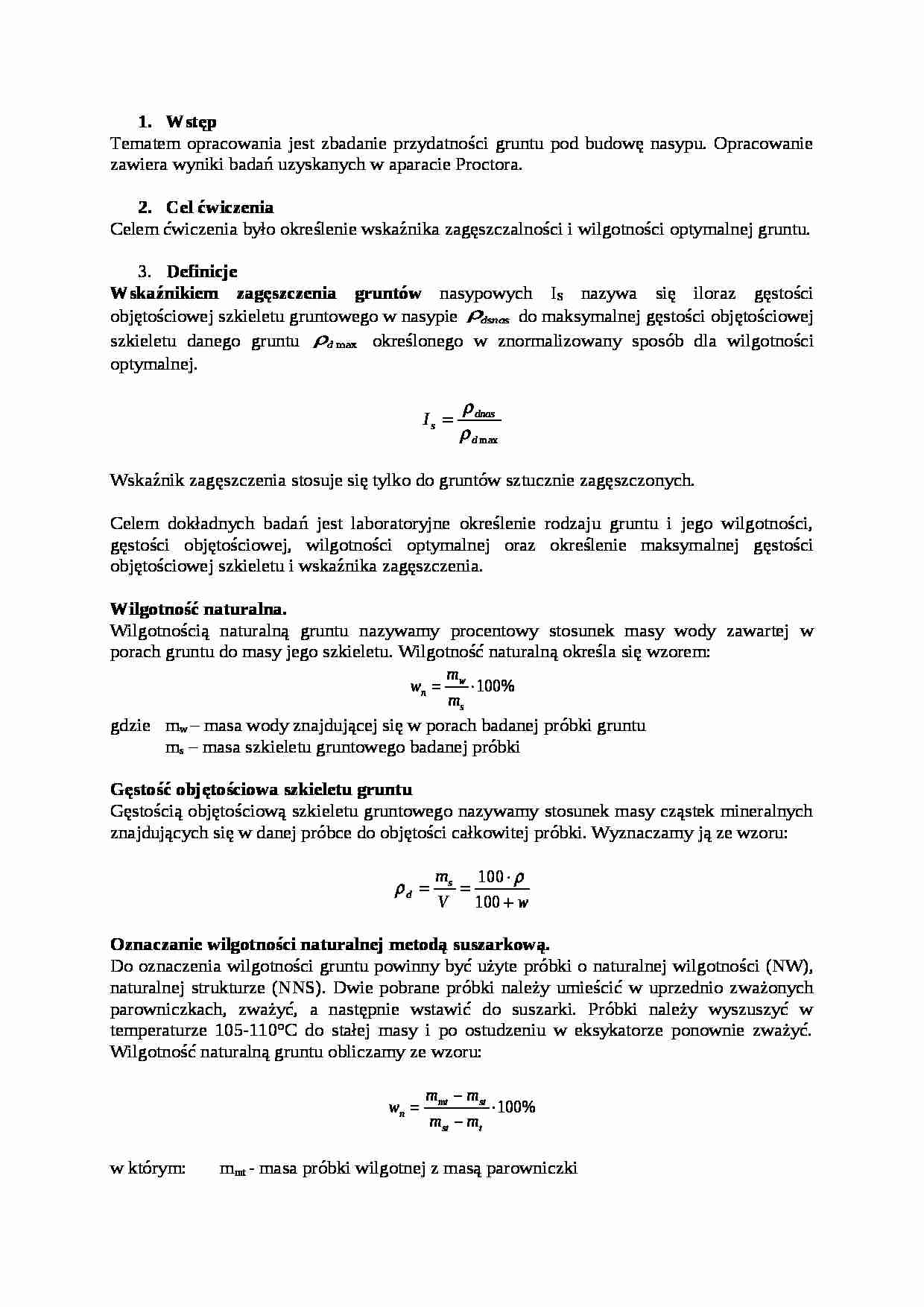 Wykład - określenie wskaźnika zagęszczalności i wilgotności optymalnej gruntu - strona 1