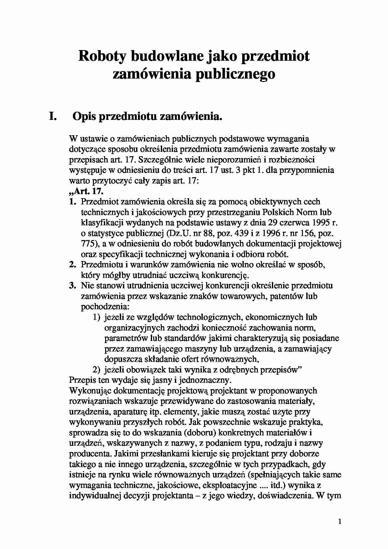 Roboty budowlane jako przedmiot zamówienia publicznego-opracowanie - strona 1