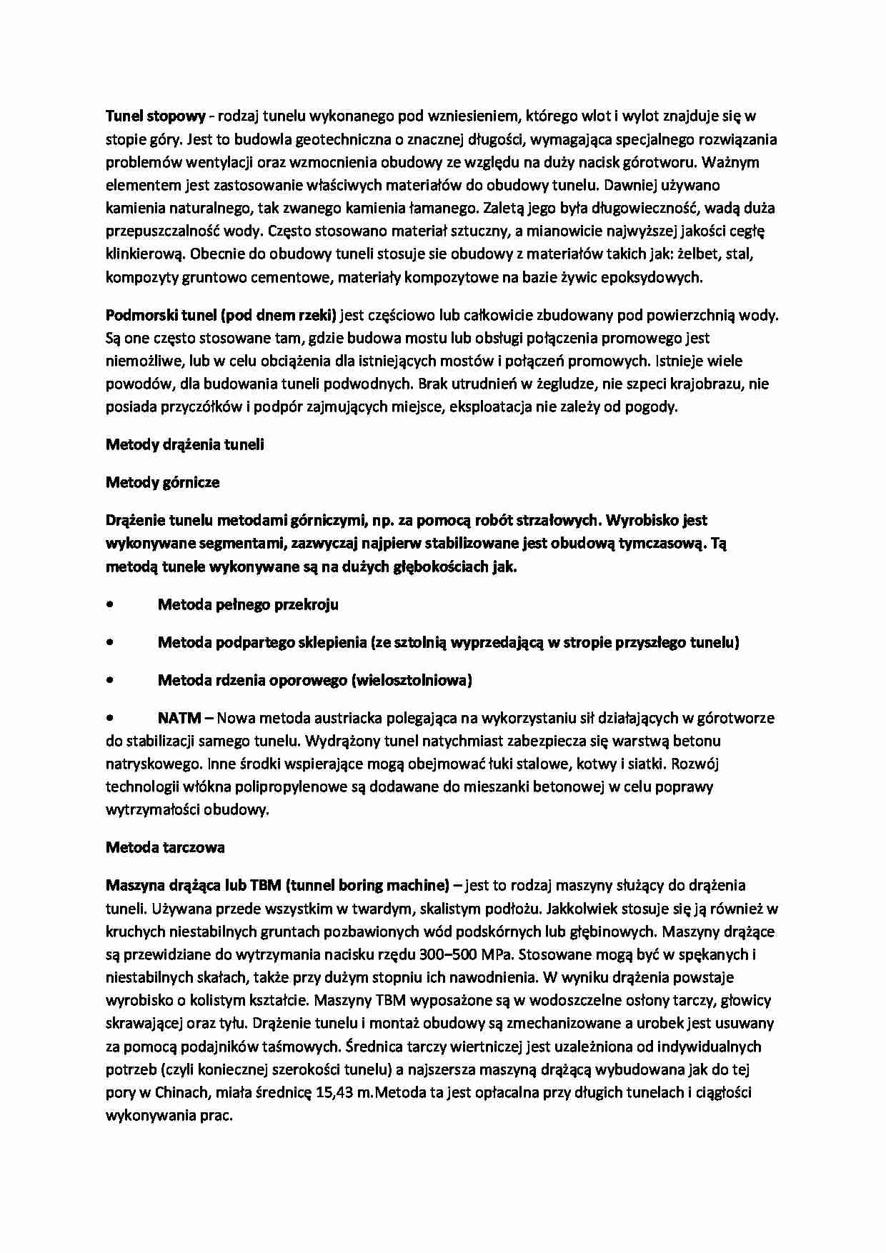 Metody drążenia tuneli-opracowanie - strona 1
