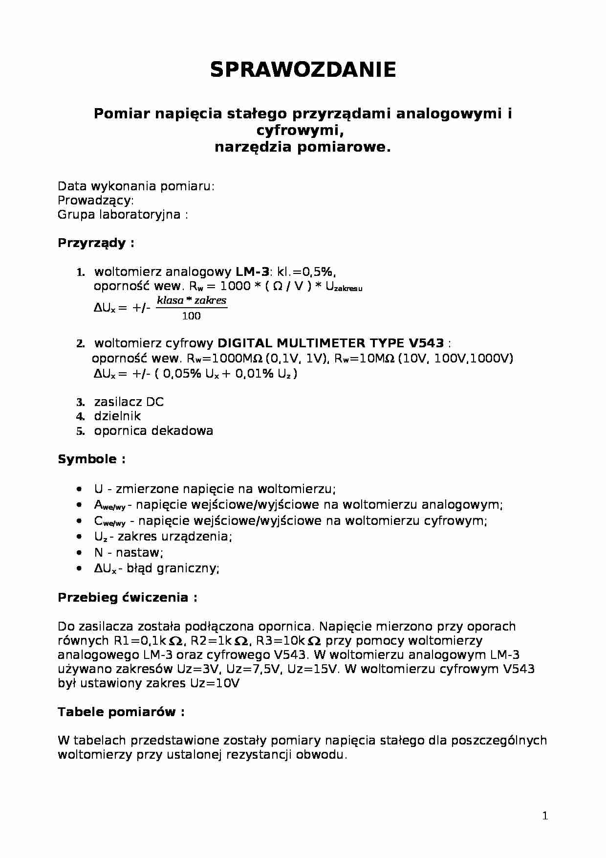 Pomiar napięcia stałego przyrządami analogowymi i cyfrowymi-sprawozdanie - strona 1