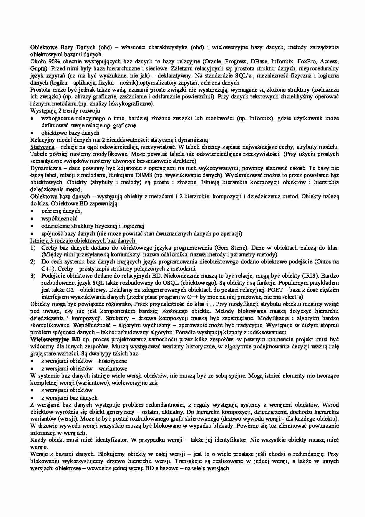 Obiektowe Bazy Danych-opracowanie - strona 1