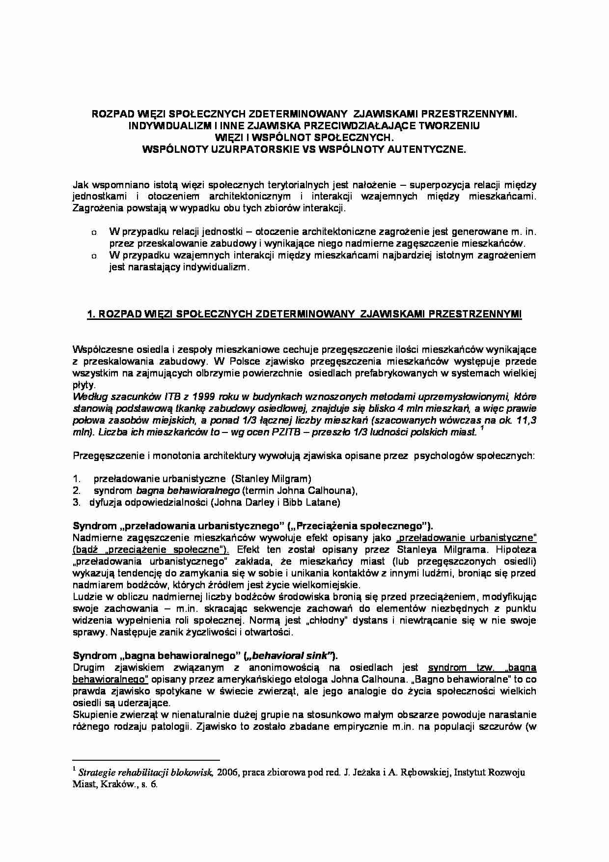 Rozpad więzi społecznych zdeterminowany zjawiskami przestrzennymi-opracowanie - strona 1