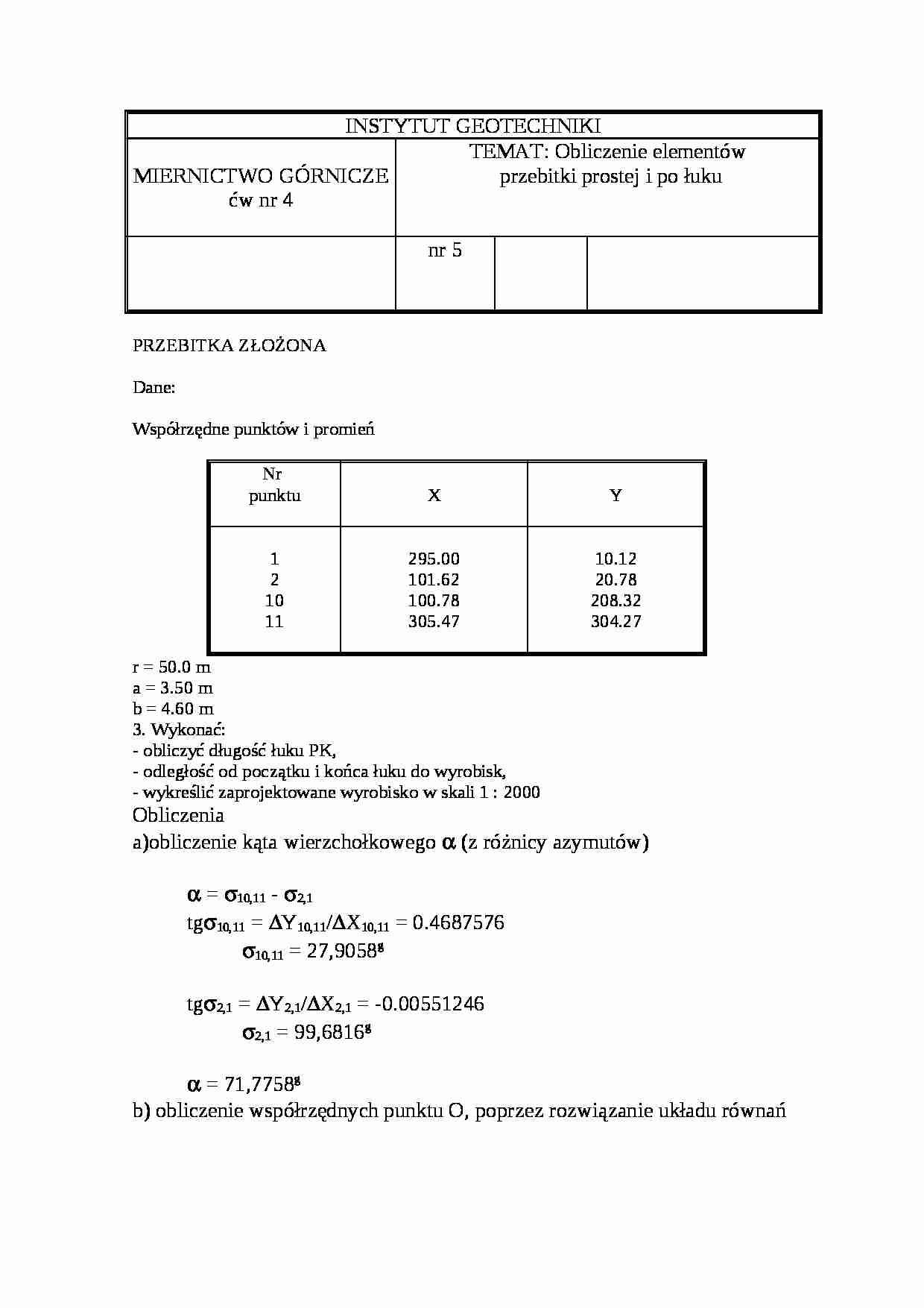 Obliczenie elementów przebitki prostej i po łuku-ćwiczenie - strona 1