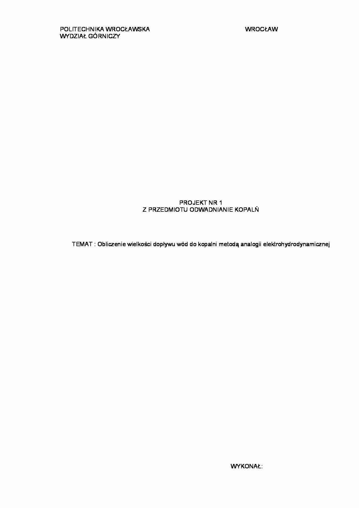 Obliczenie wielkości dopływu wód do kopalni-projekt - strona 1