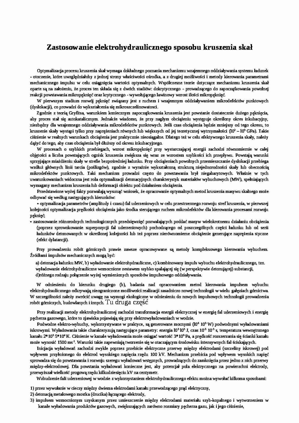 Zastosowanie elektrohydraulicznego sposobu kruszenia skał-opracowanie - strona 1