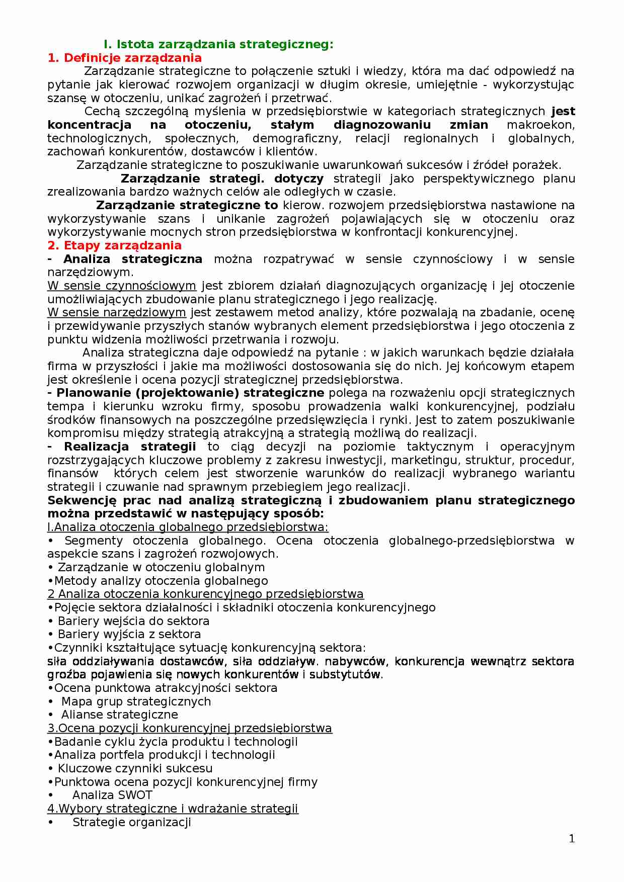 Zarządzanie strategiczne-opracowane zagadnienia i pytania na egzamin. - strona 1