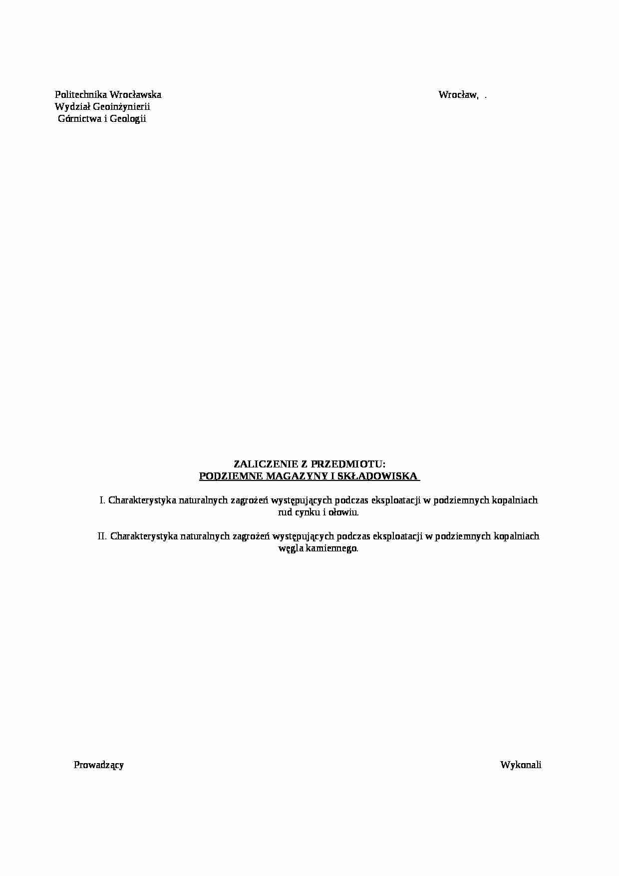 Charakterystyka naturalnych zagrożeń występujących podczas eksploatacji kopalniach-opracowanie - strona 1