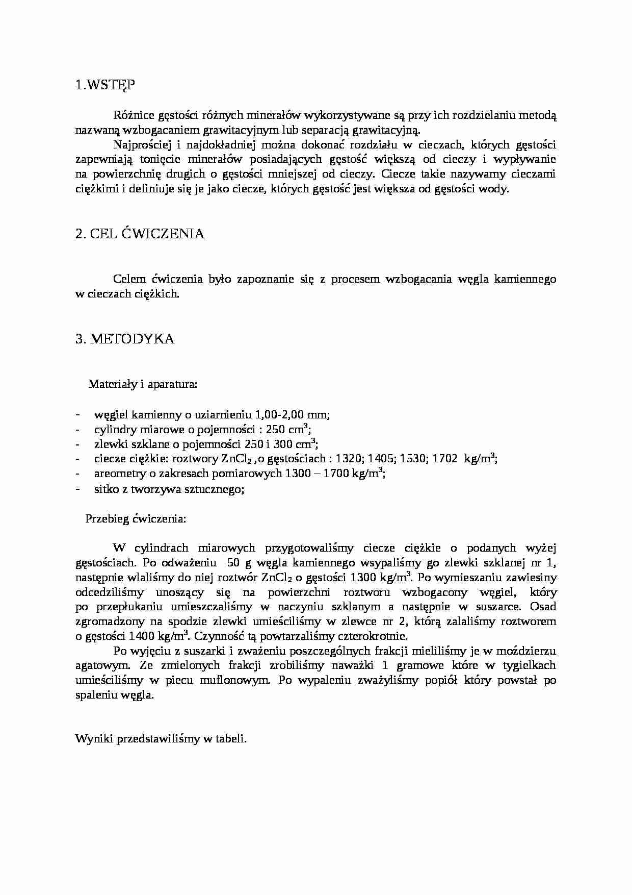 Wzbogacanie węgla kamiennego w cieczach ciężkich-opracowanie - strona 1