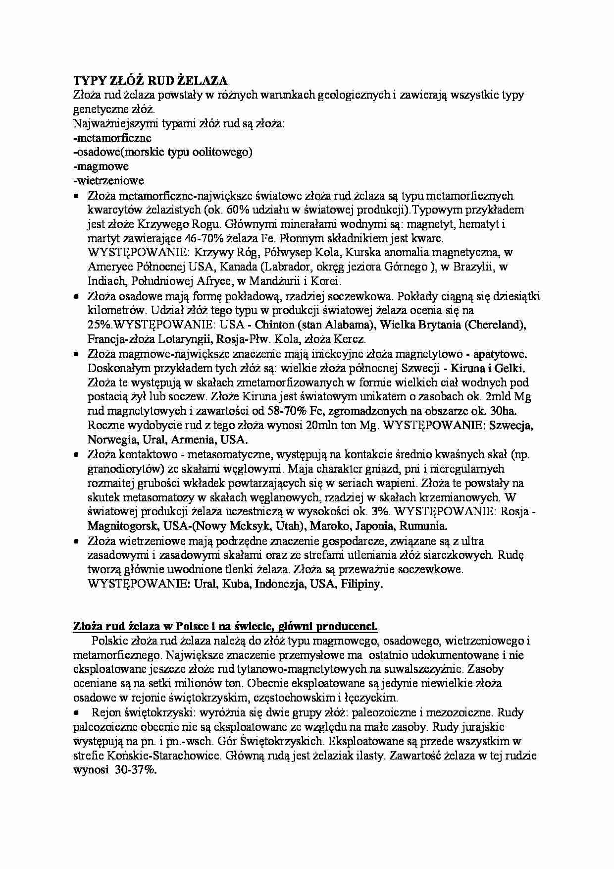 Złoża rud żelaza -typy, występowanie - strona 1