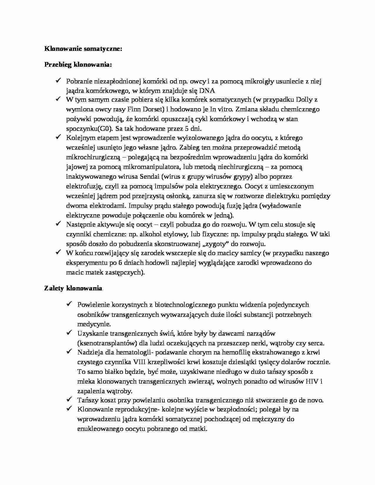 Klonowanie somatyczne-opracowanie - strona 1