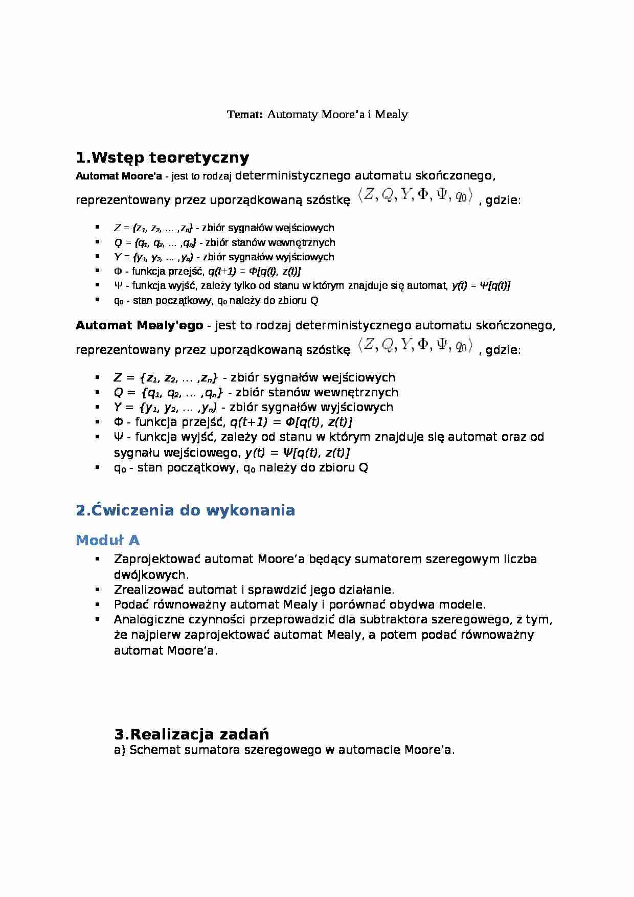 Automaty Moore'a i Mealy-opracowanie - strona 1