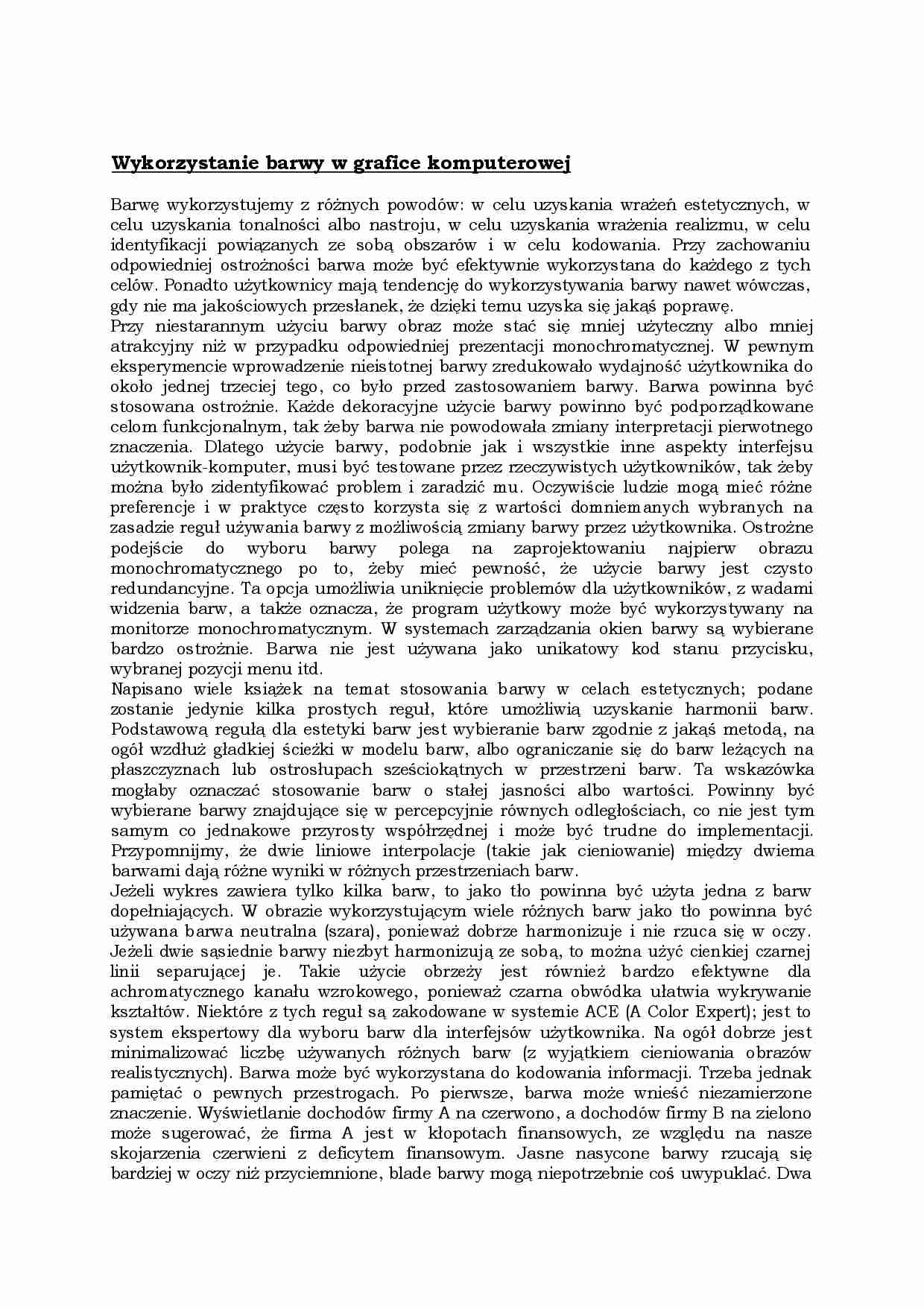 Wykorzystanie barwy w grafice komputerowej-opracowanie - strona 1