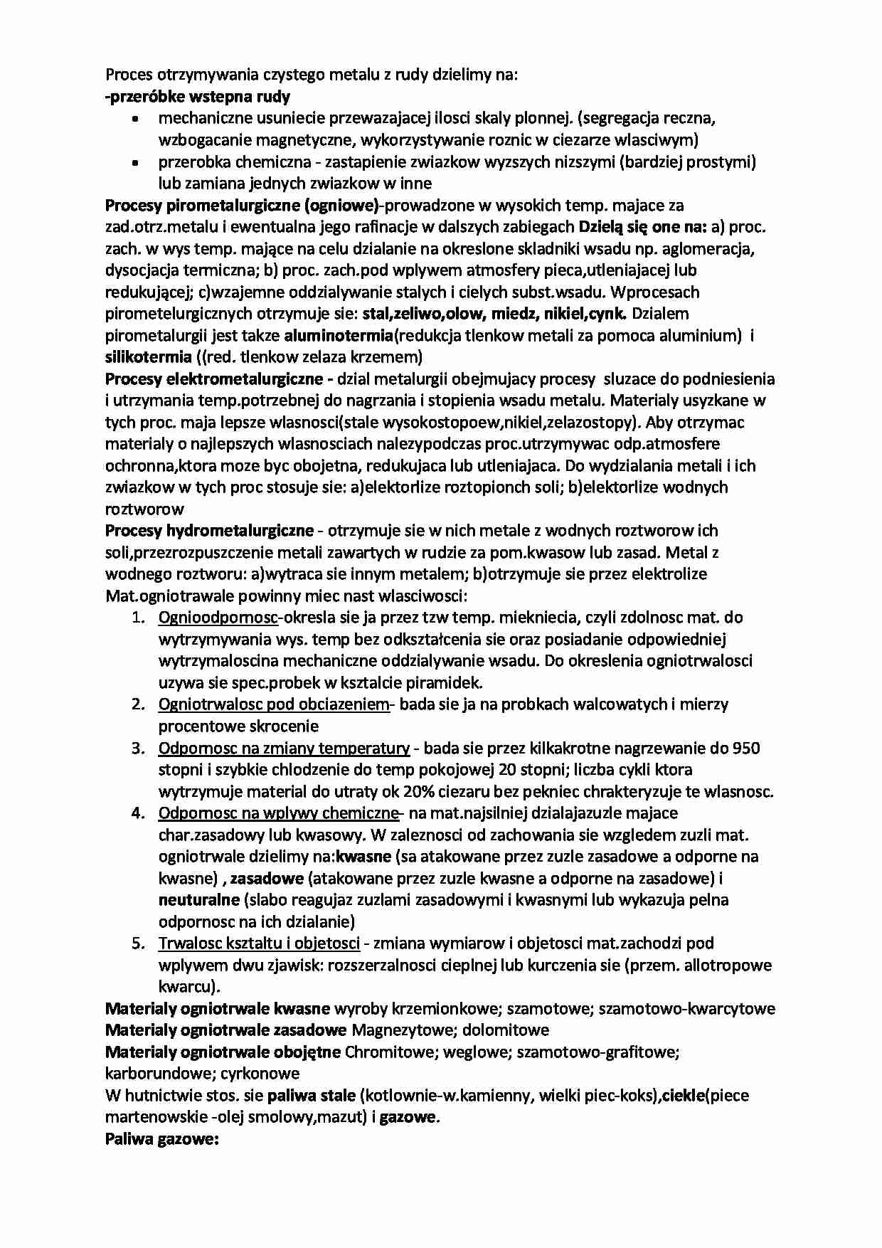 Proces otrzymywania czystego metalu z rudy-opracowanie wykładu - strona 1