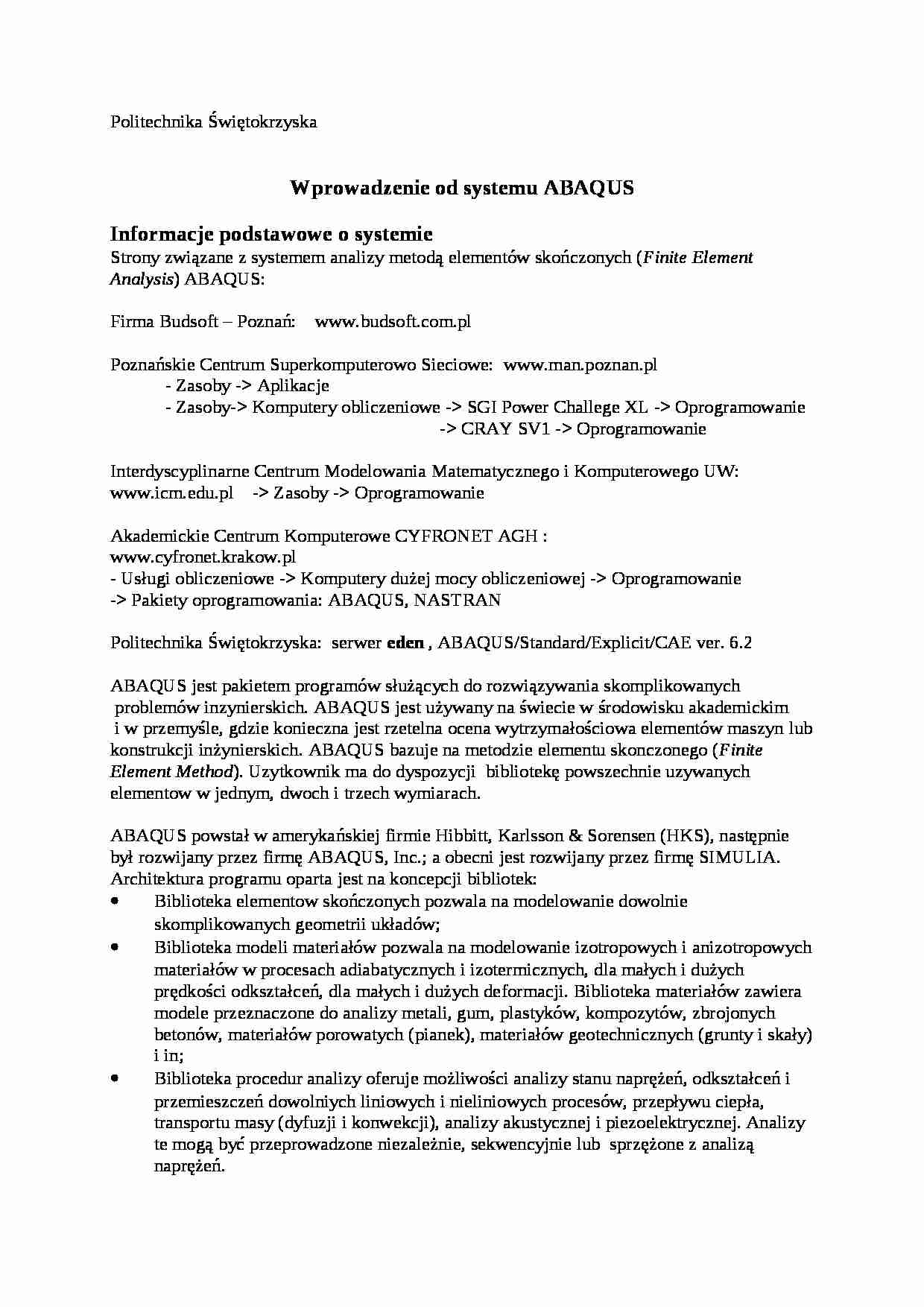 Wytrzymałość materiałów-Abaqus-zadania i teoria na kolokwia z laboratoriów - strona 1