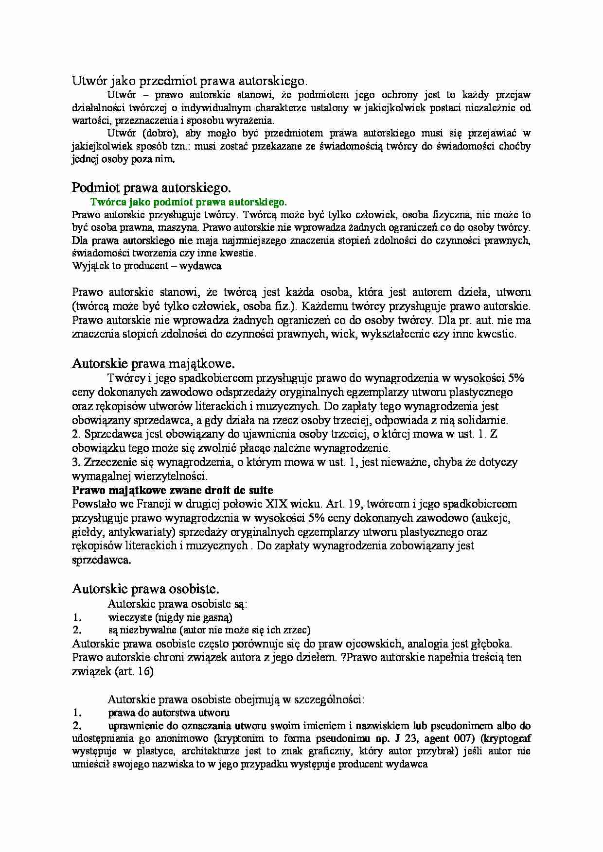 Utwór jako przedmiot prawa autorskiego-opracowanie - strona 1