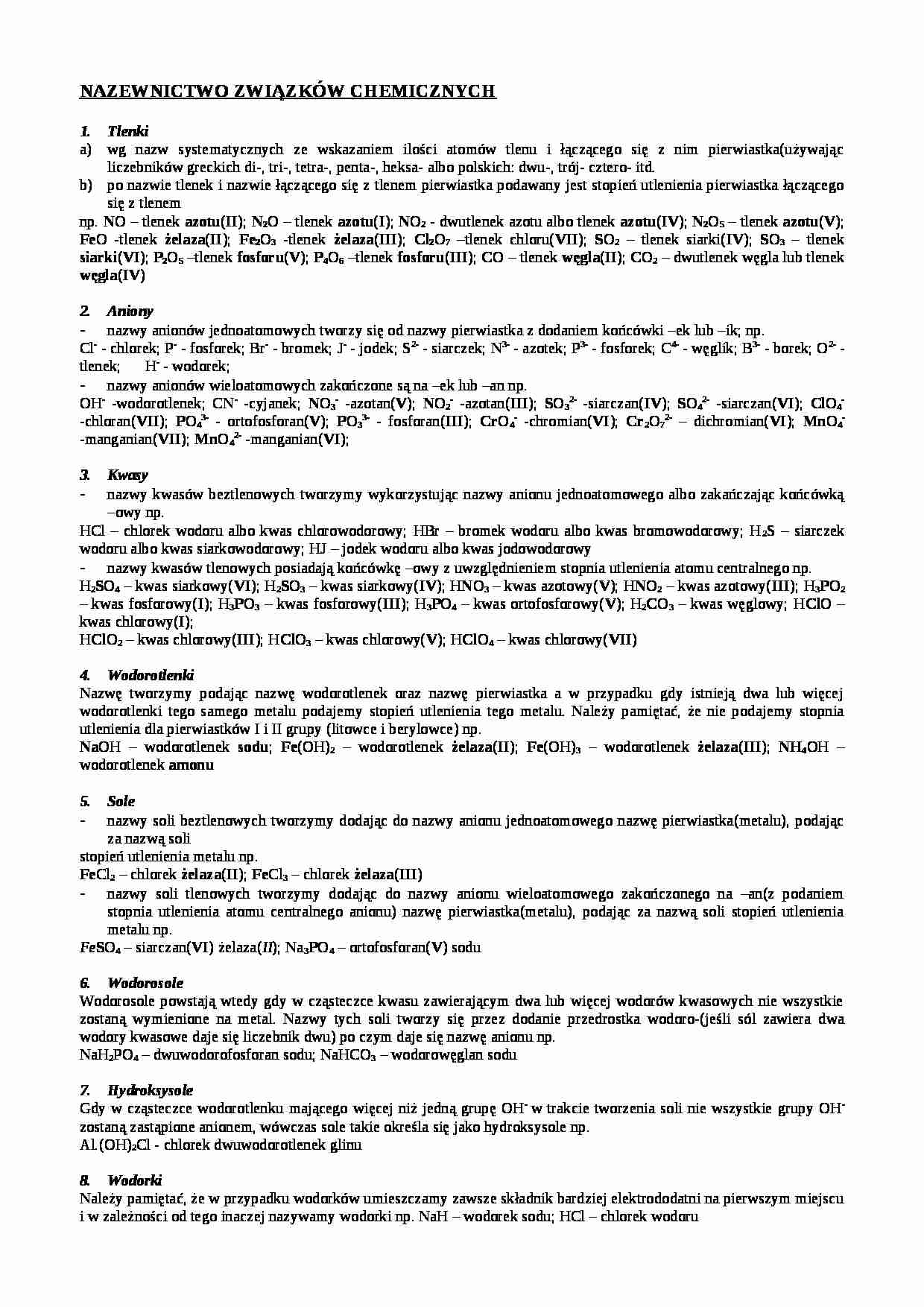 Nazewnictwo związków chemicznych-opracowanie - strona 1