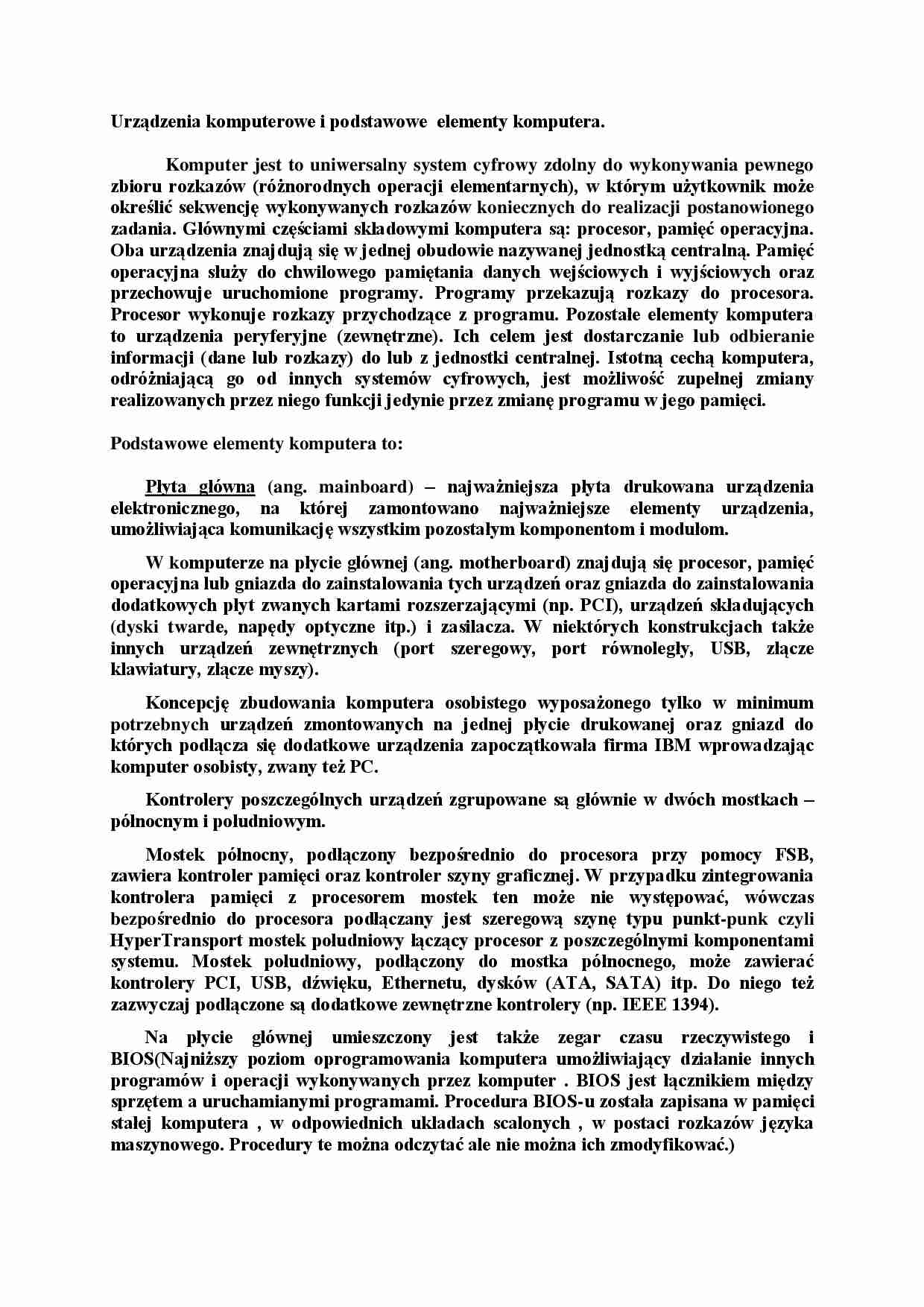 Urządzenia komputerowe i podstawowe elementy komputera-opracowanie - strona 1