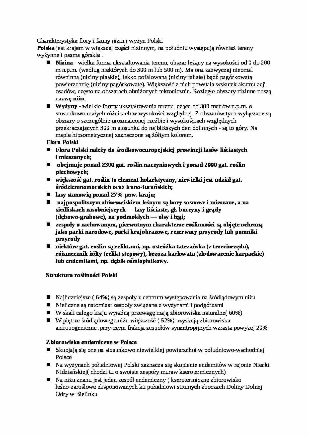 Charakterystyka flory i fauny nizin i wyżyn Polski-opracowanie - strona 1