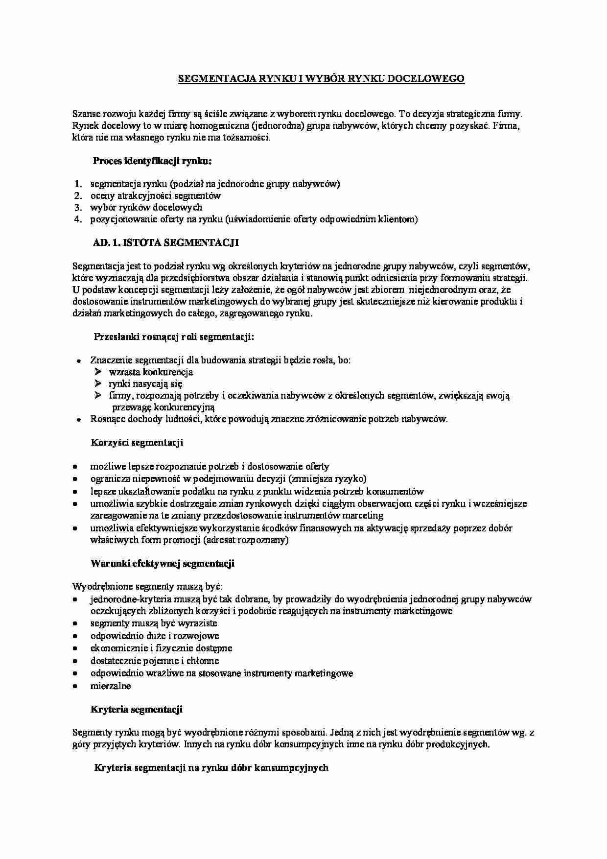 SEGMENTACJA RYNKU I WYBÓR RYNKU DOCELOWEGO - strona 1