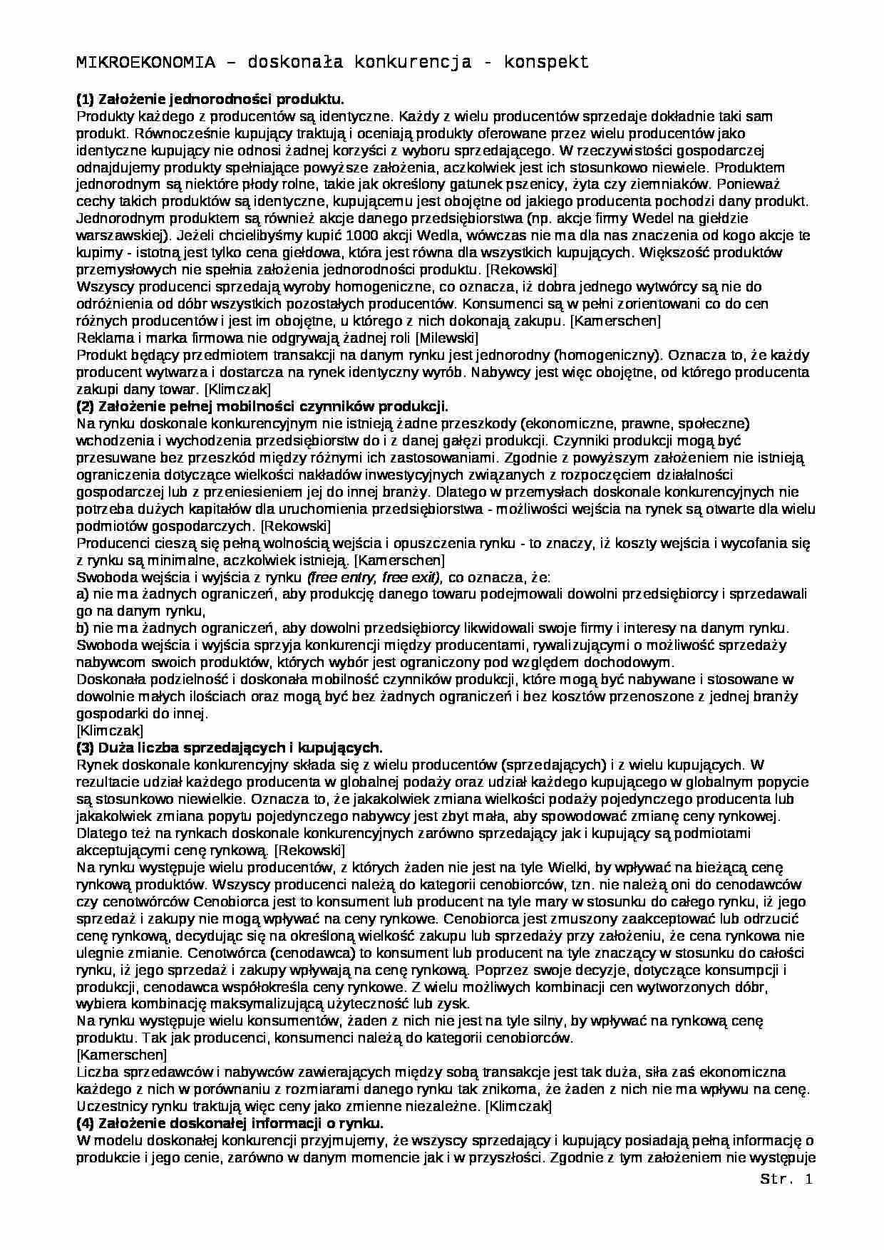 Doskonała konkurencja - konspekt - strona 1
