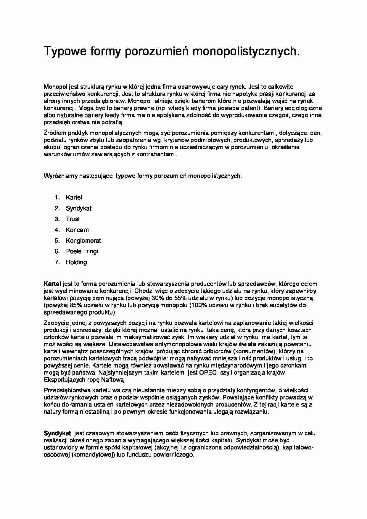 Formy porozumień monopolistycznych - strona 1