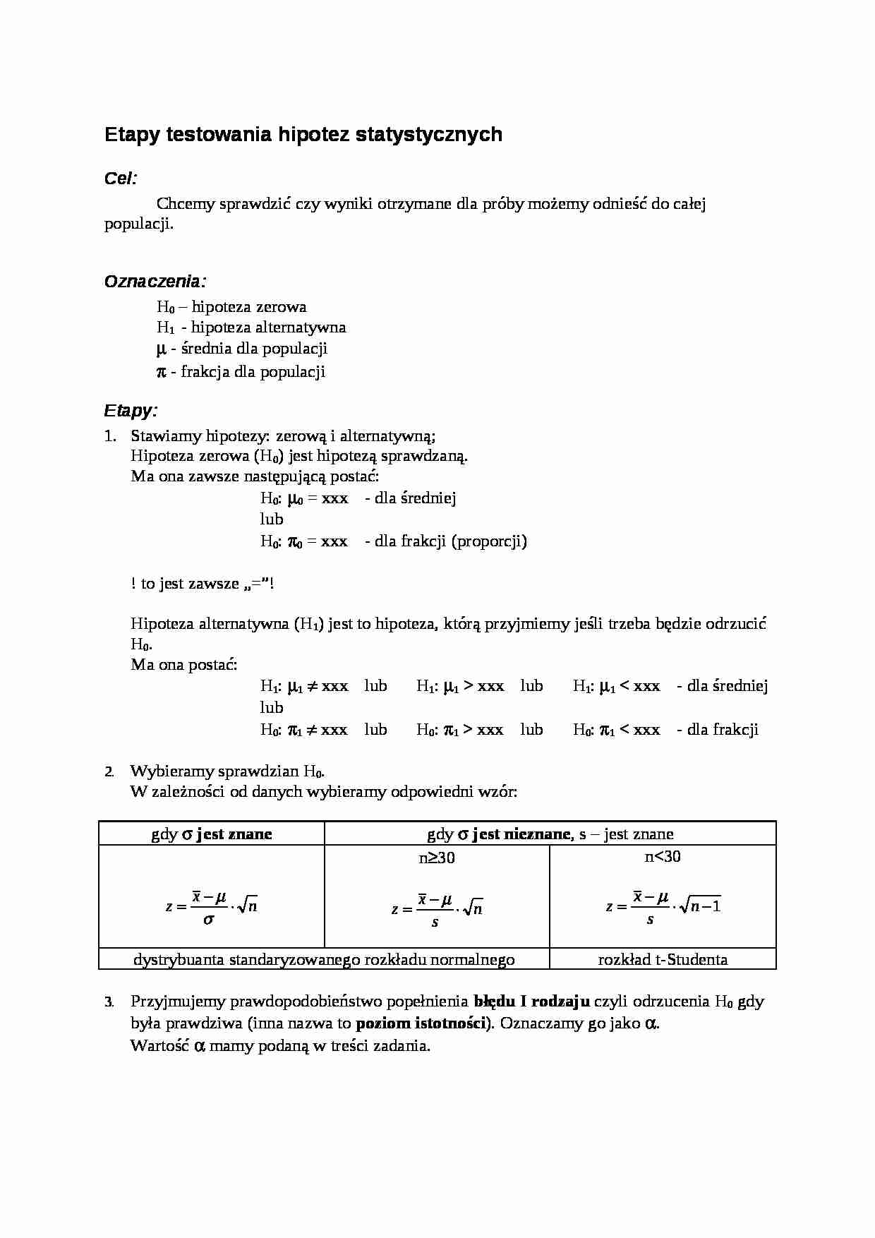 Etapy testowania hipotez statystycznych - strona 1