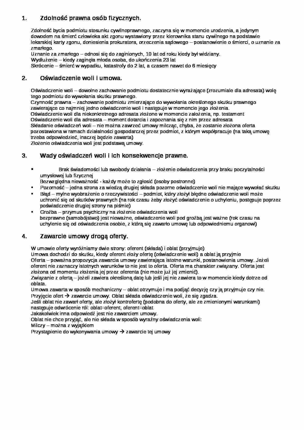 Prawo cywilne: zdolności prawne, zawarcie umowy - strona 1