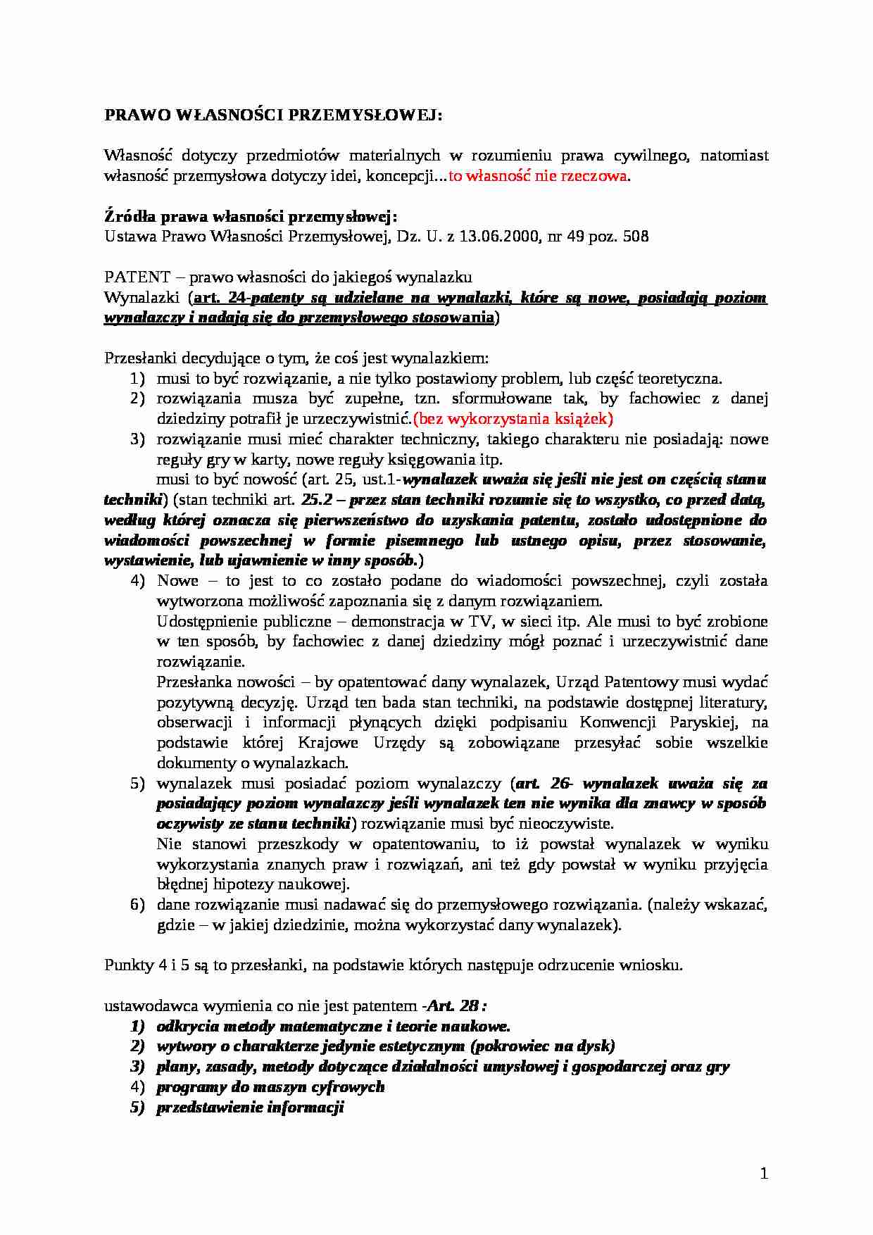Prawo własności przemysłowej - Patent - strona 1