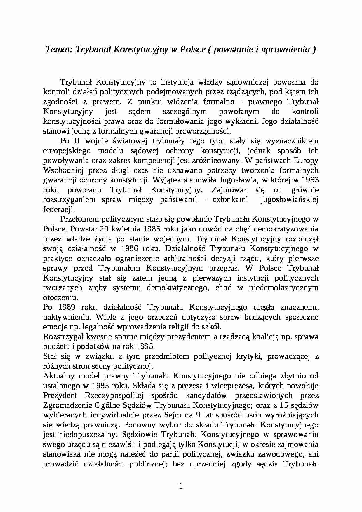 Trybunał Konstytucyjny w Polsce - powstanie i uprawnienia - strona 1