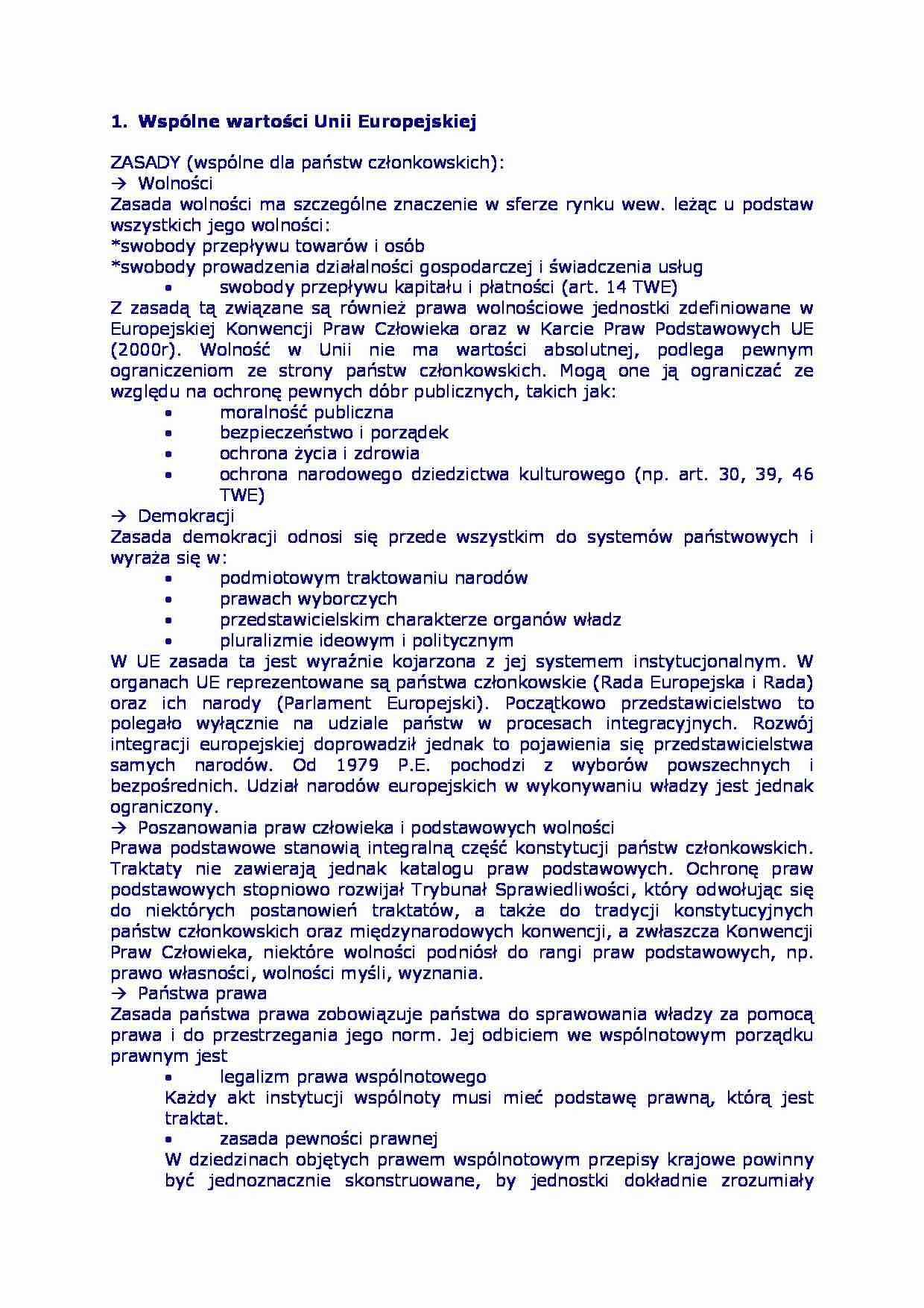 Wspólne wartości Unii Europejskiej. Charakterystyka filarów UE - strona 1