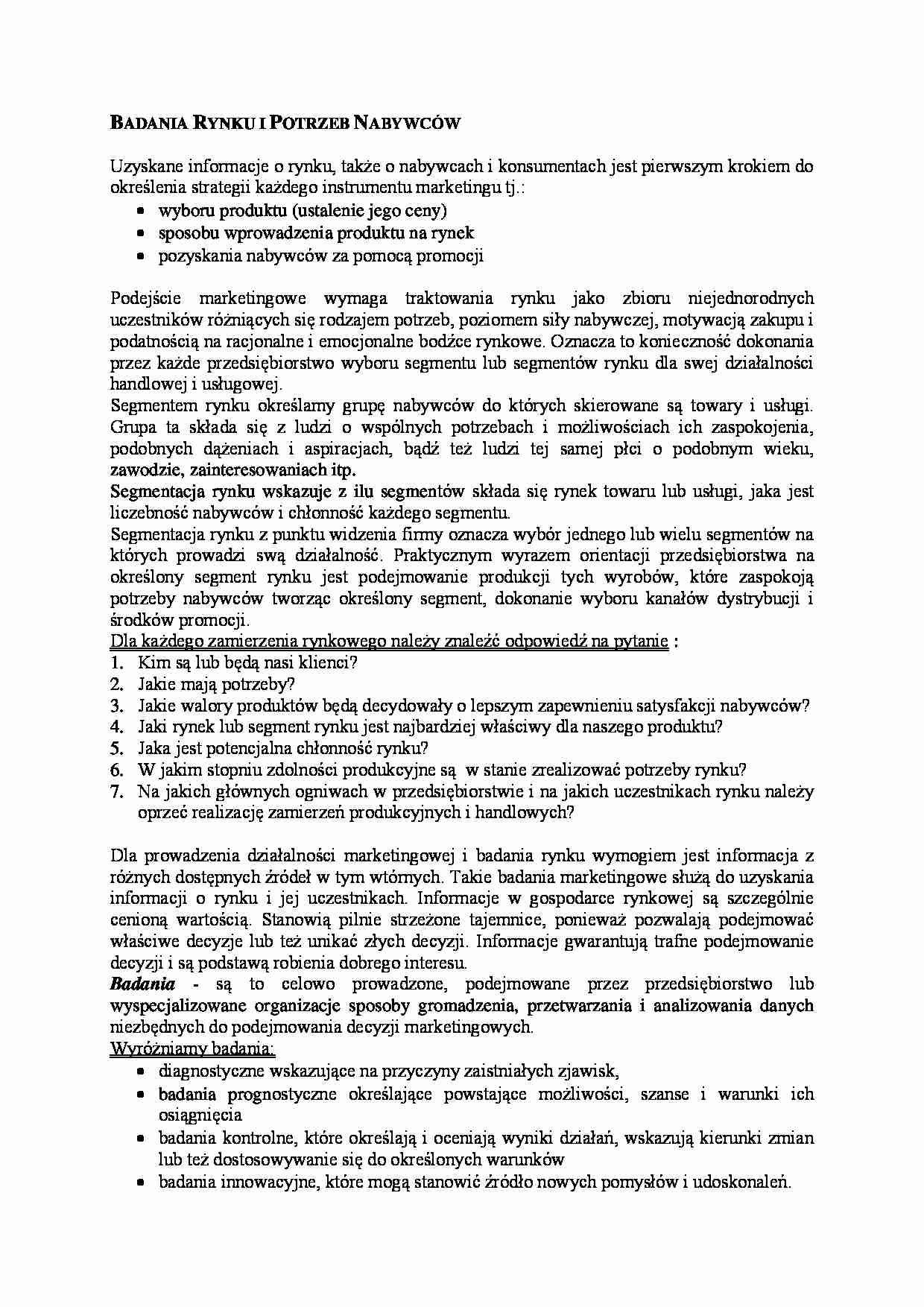 Badania Rynku i Potrzeb Nabywców- opracowanie - strona 1