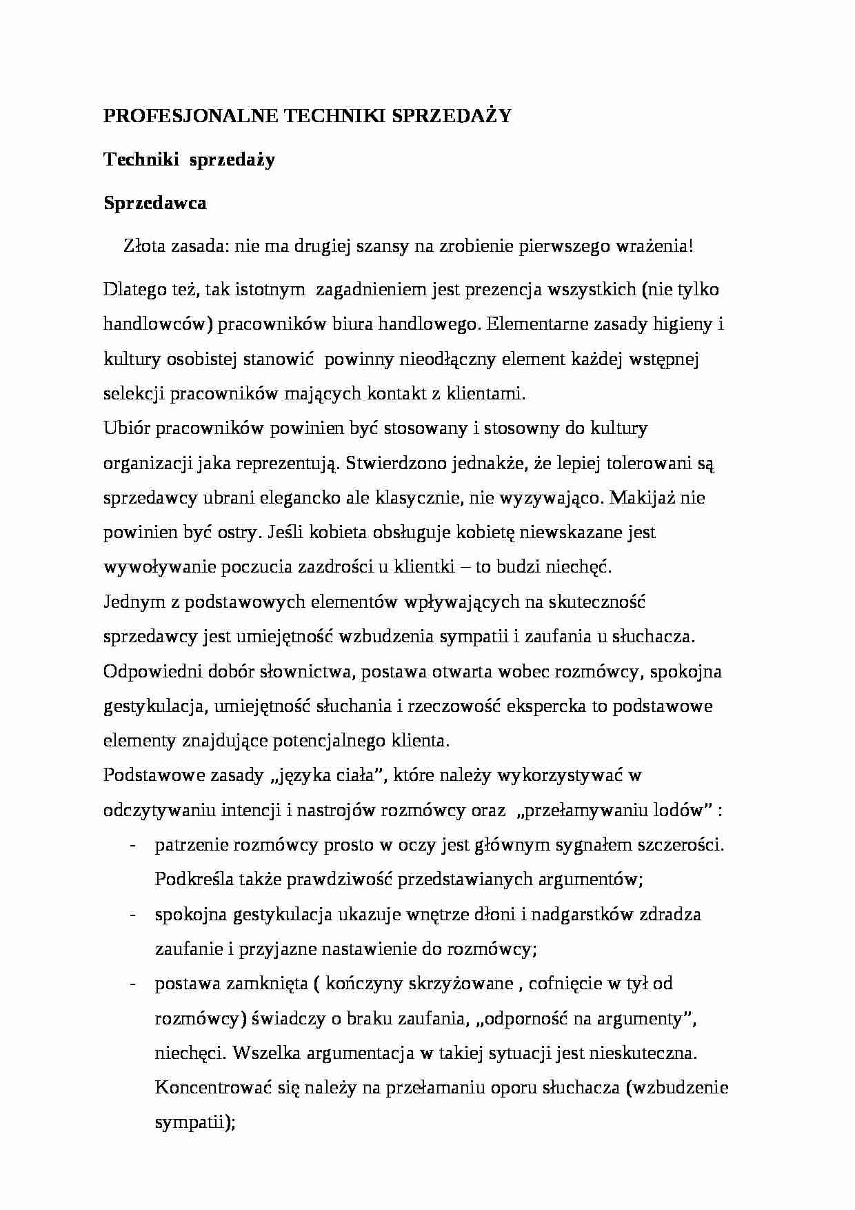 Profesjonalne techniki sprzedaży- opracowanie - strona 1