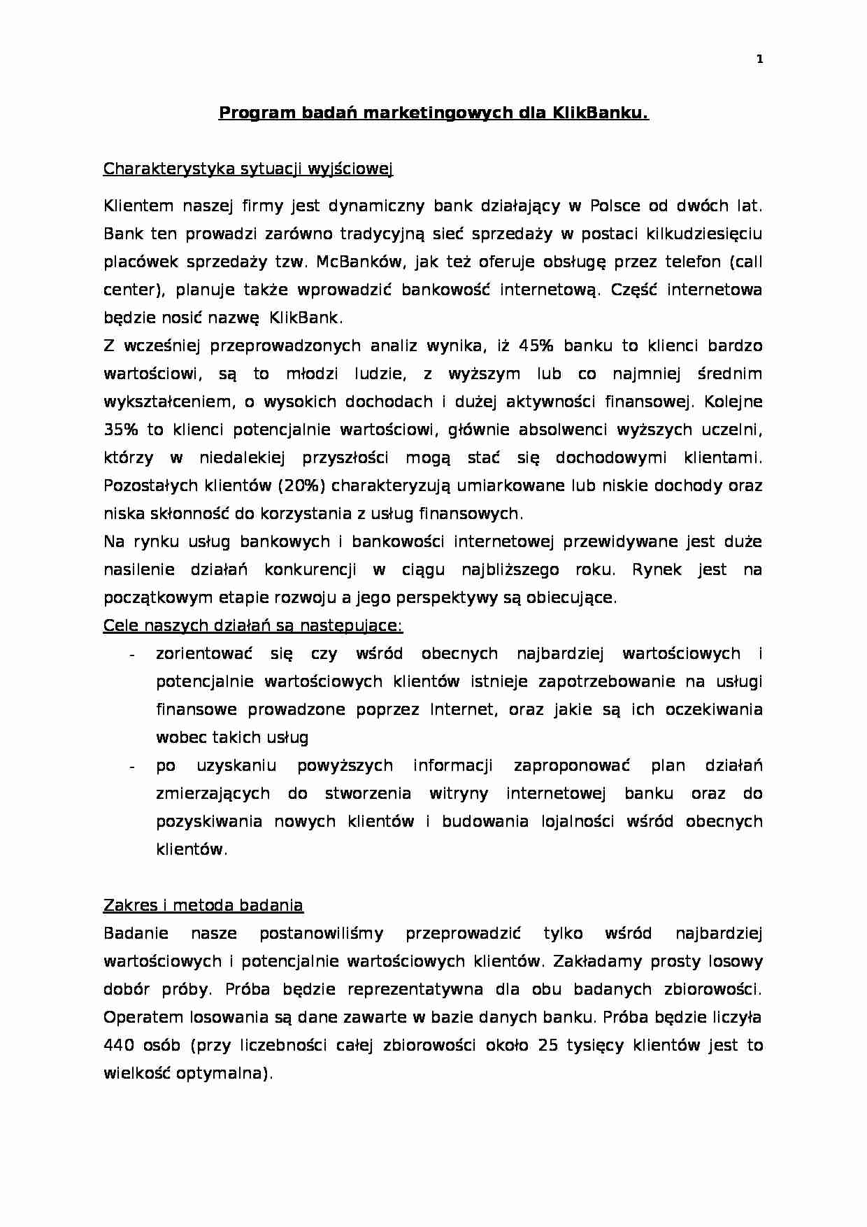 Program badań marketingowych dla banku- opracowanie - strona 1
