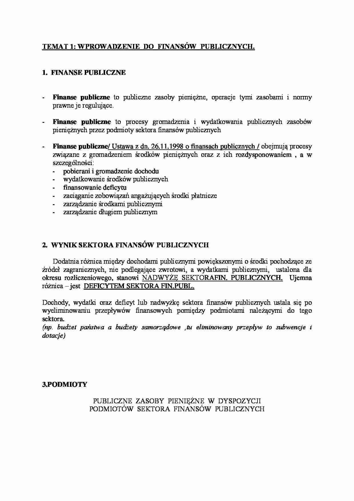 Wprowadzenie do finansów publiczych- opracowanie - strona 1