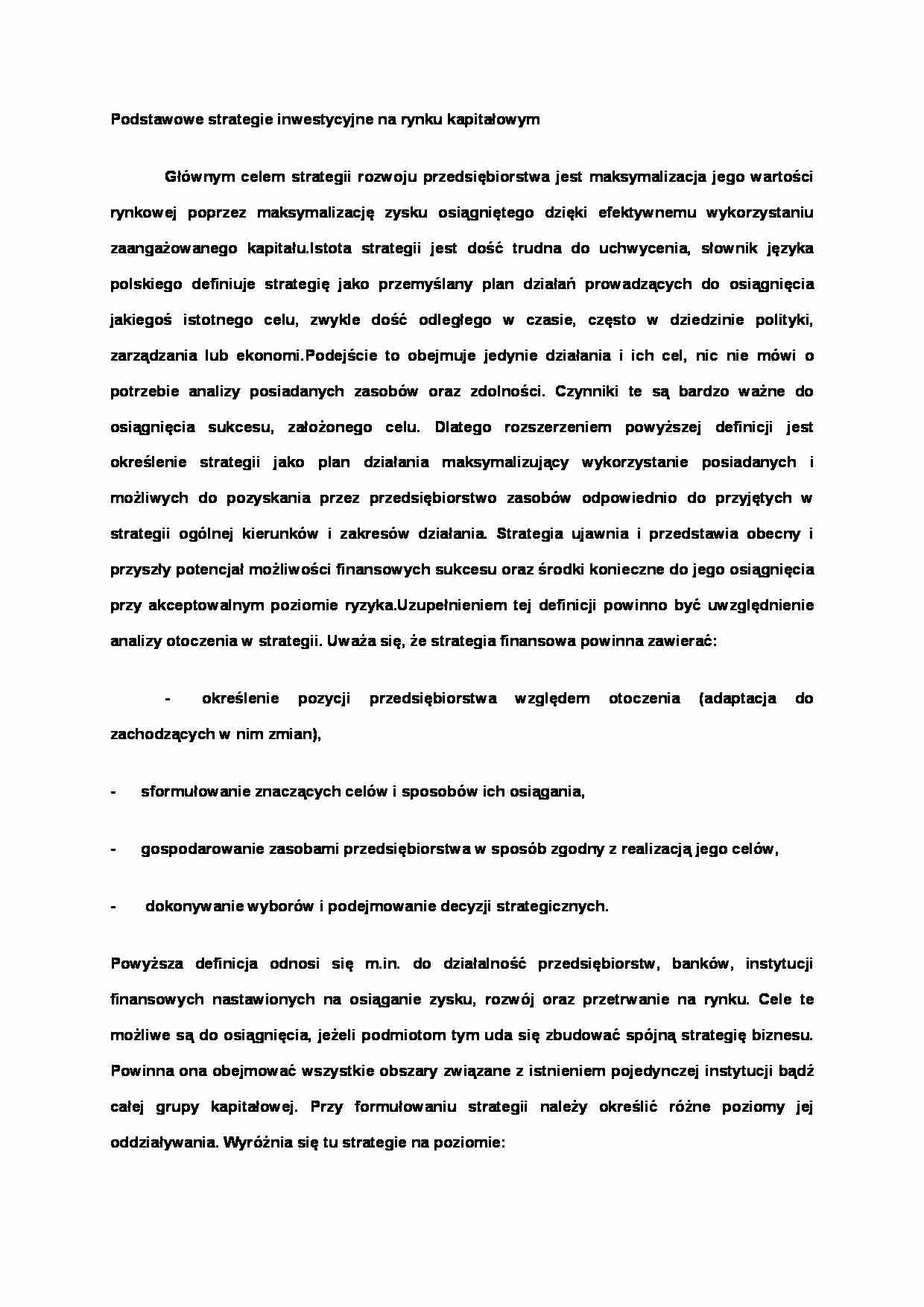 Podstawowe strategie inwestycyjne na rynku kapitałowym- opracowanie - strona 1