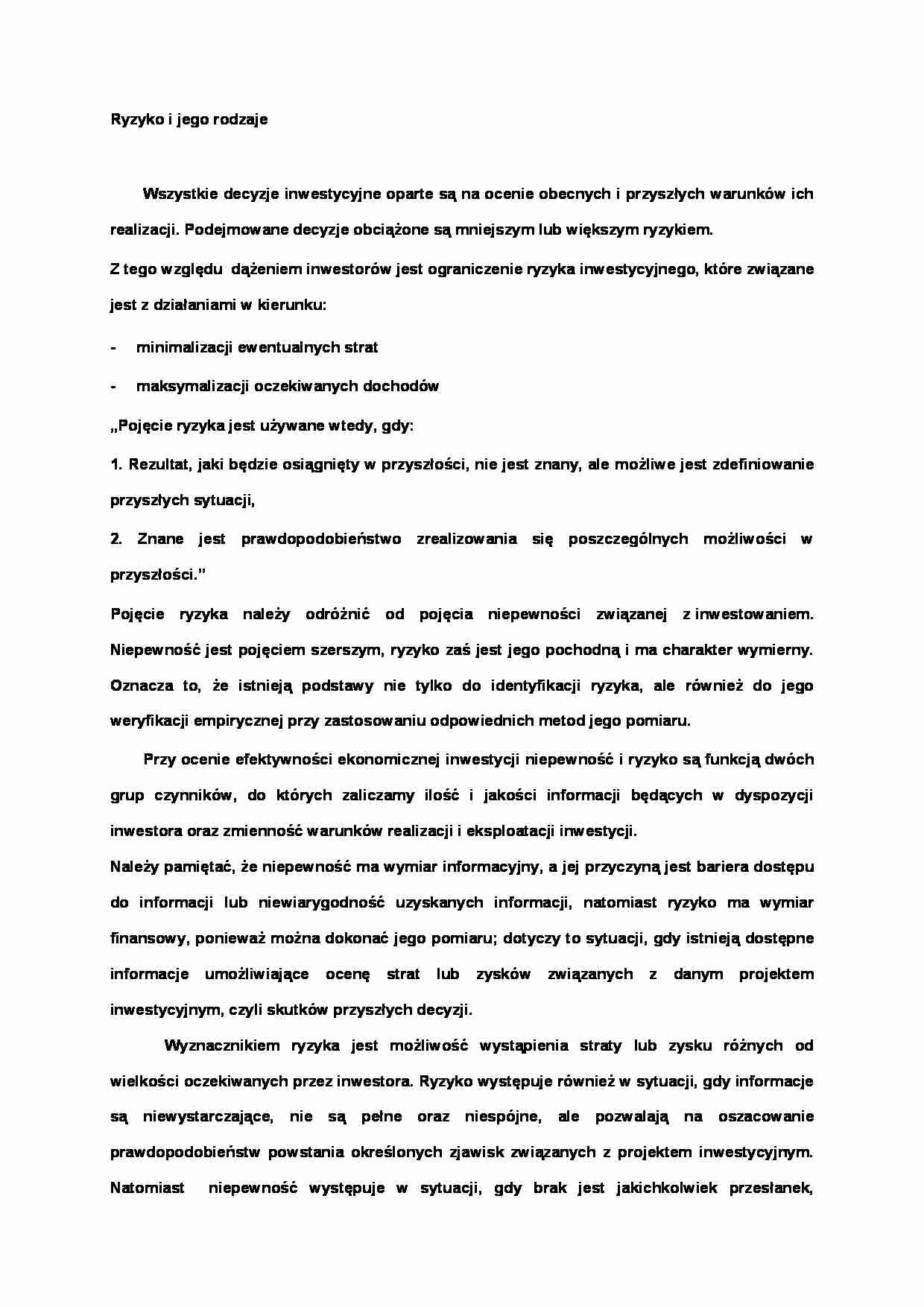 Ryzyko i jego rodzaje- opracowanie - strona 1