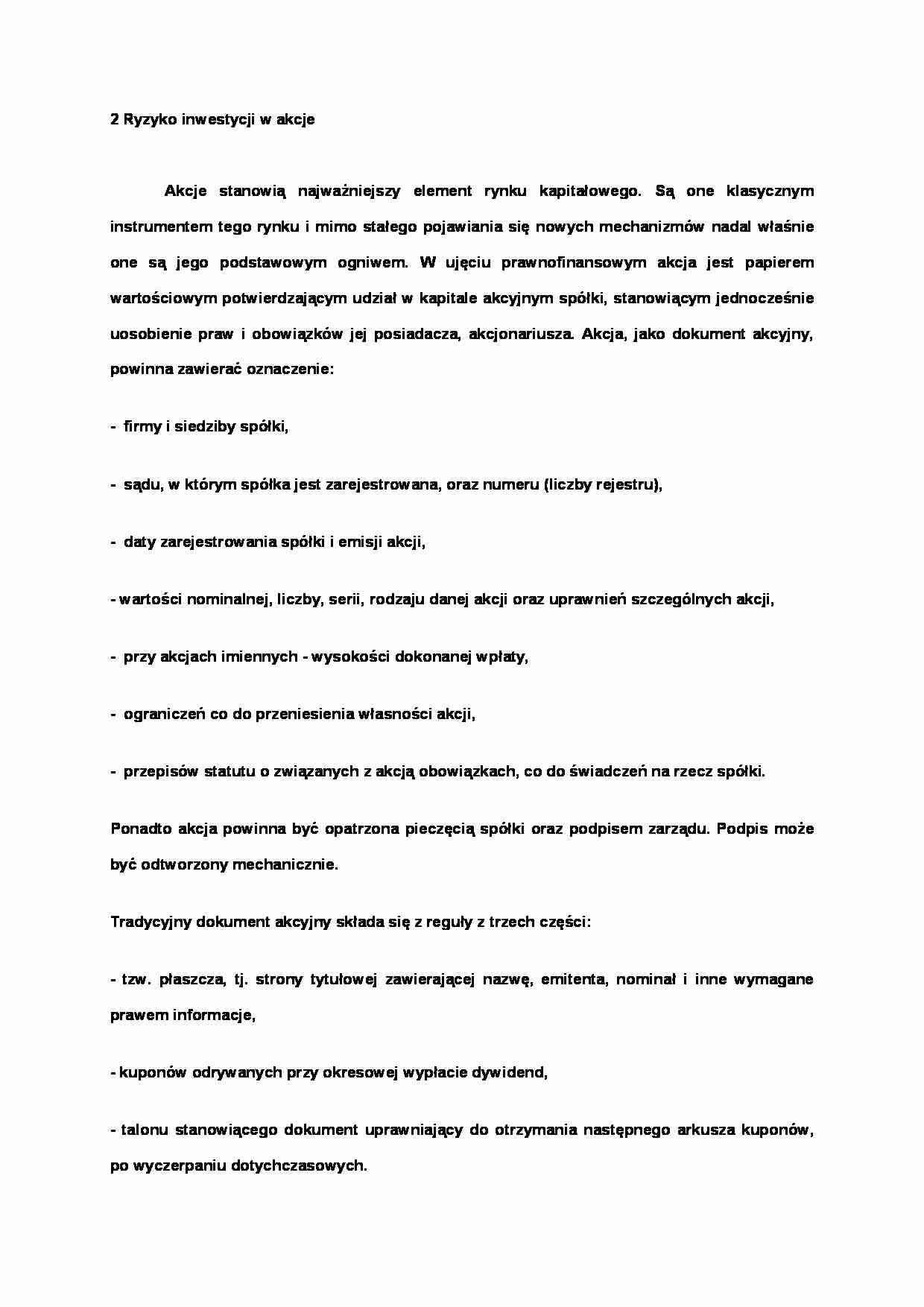 Ryzyko inwestycji w akcje- opracowanie - strona 1