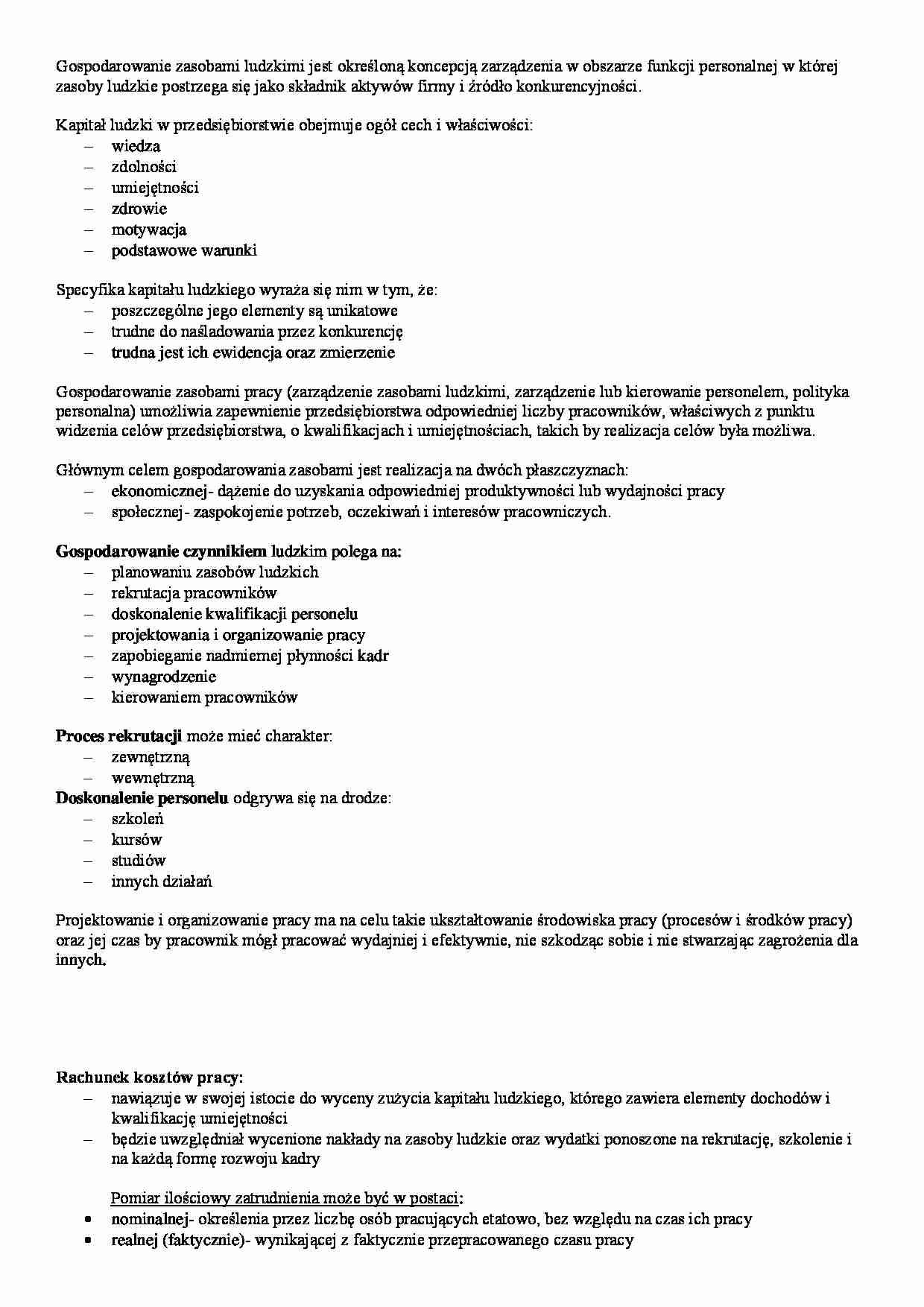 Gospodarowanie zasobami ludzkimi- opracowanie - strona 1