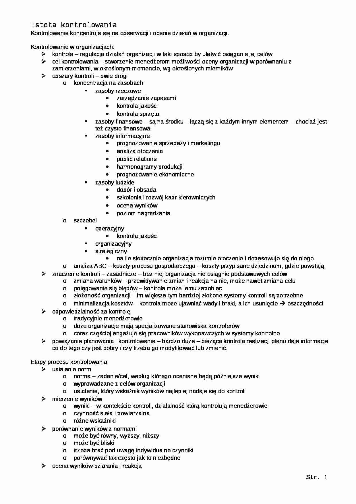 Istota kontrolowania- opracowanie - strona 1