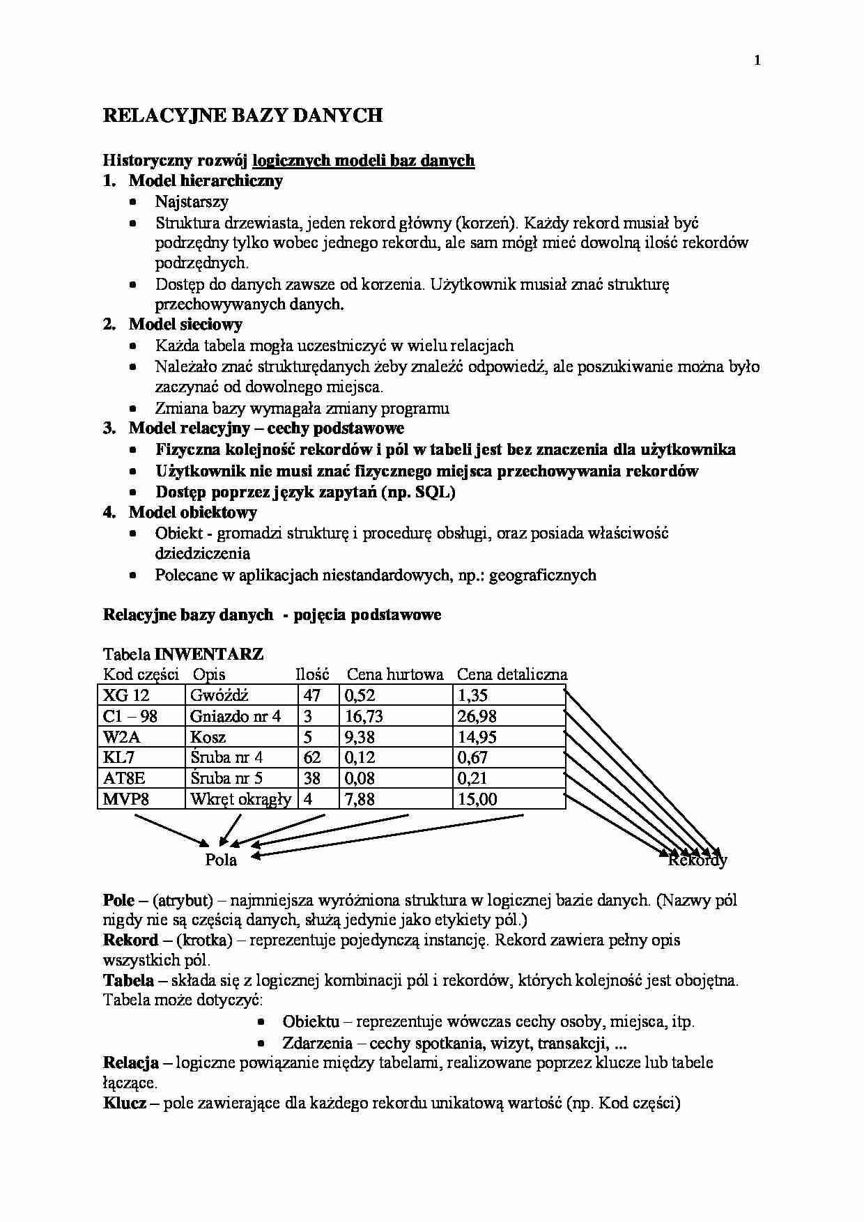 Relacyjne bazy danych- opracowanie - strona 1